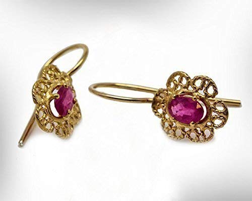14K Gold Plated Sterling Silver Handmade Ruby Flower Drop Earrings for Women - Elegant Dangle Wire Earrings with Custom Gemstone Options | Perfect for Weddings, Parties & Special Occasions