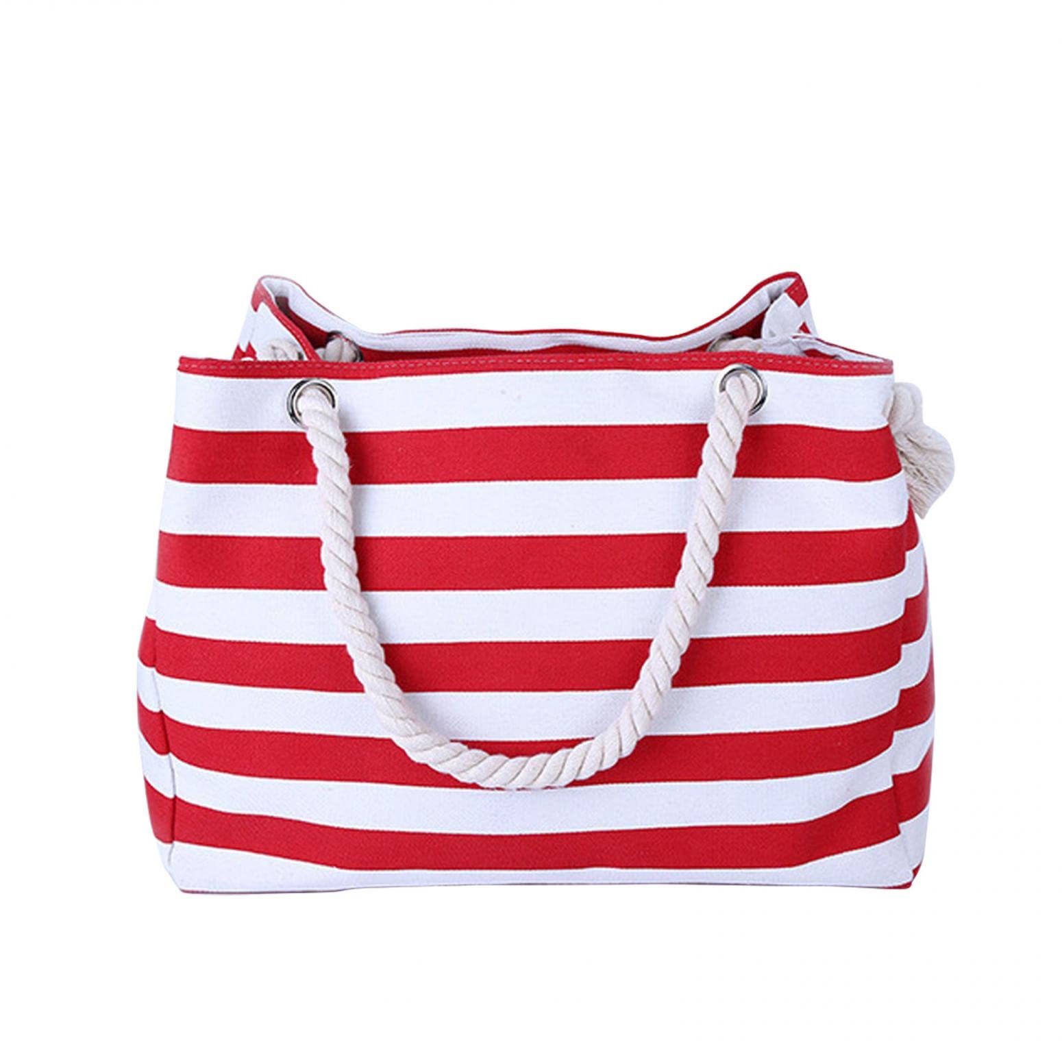 Large Striped Canvas Beach Tote Bag with Zipper Closure & Exterior Pockets - Waterproof Nylon Rope Handle & Key Holder - Perfect for Pool, Vacation, Travel & Summer Outings