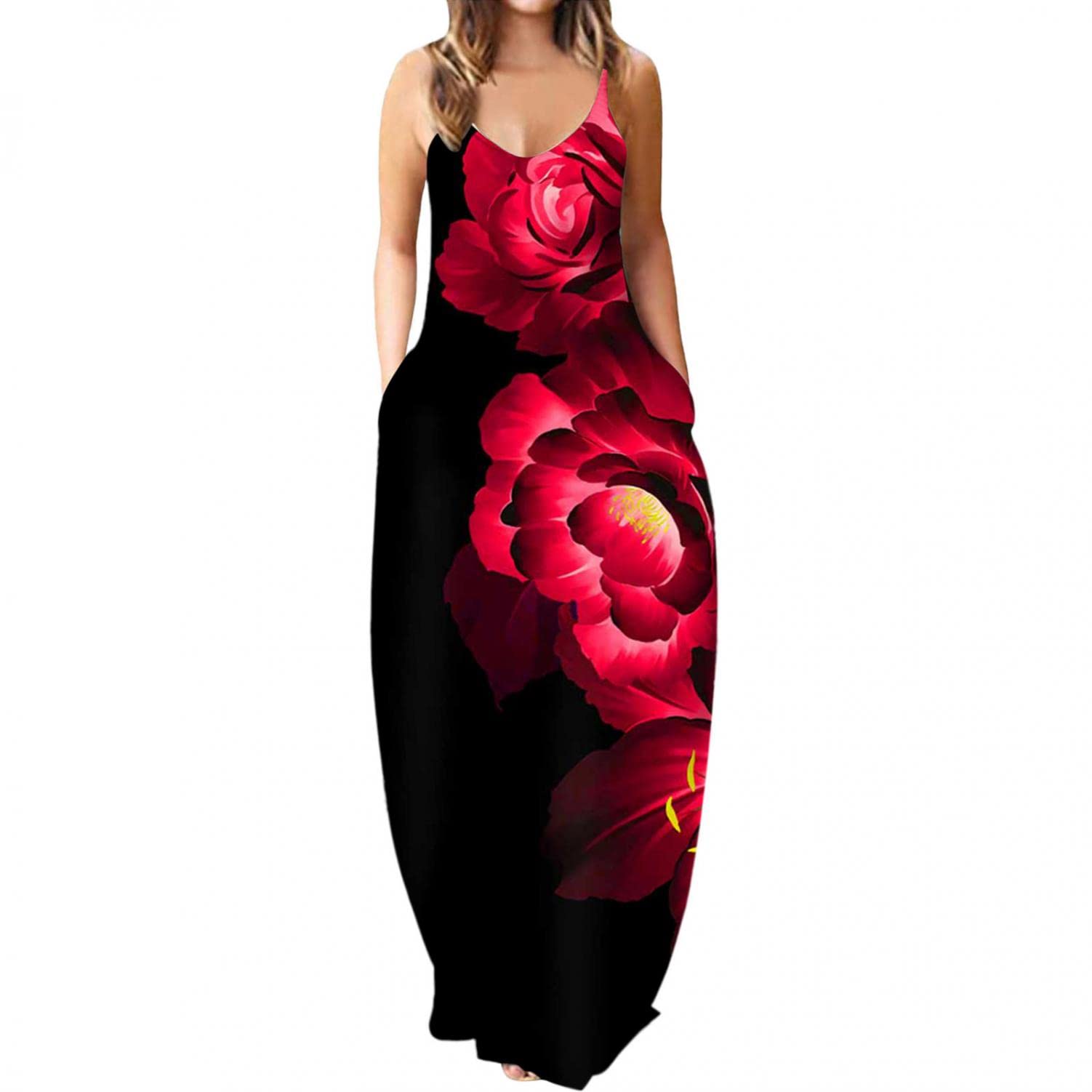 BAGELISE Women's Floral Print Maxi Sundress - Sleeveless Flowy Midi Dress for Summer, Casual Wear | Beach, Vacation & Outdoor Activities