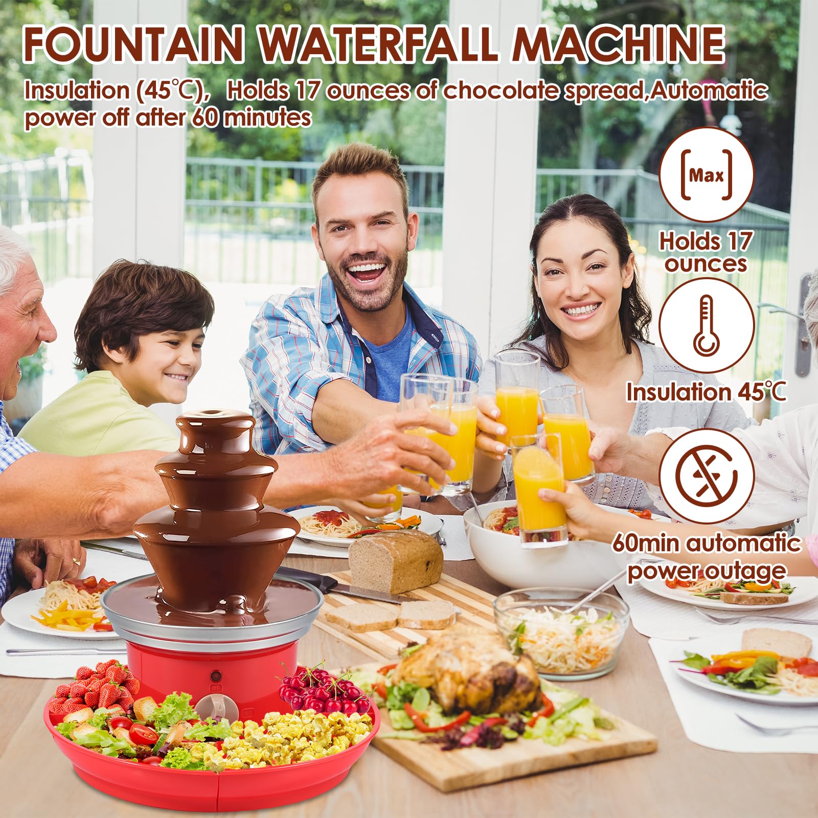 3-Tier Stainless Steel Electric Chocolate Fountain Machine with Removable Serving Tray - 17oz Capacity Chocolate Melting Fondue Fountain for Parties, Weddings, and Family Gatherings - Perfect for Dipping Fruits, Marshmallows, and Desserts at Birthday Celebrations and Holiday Events