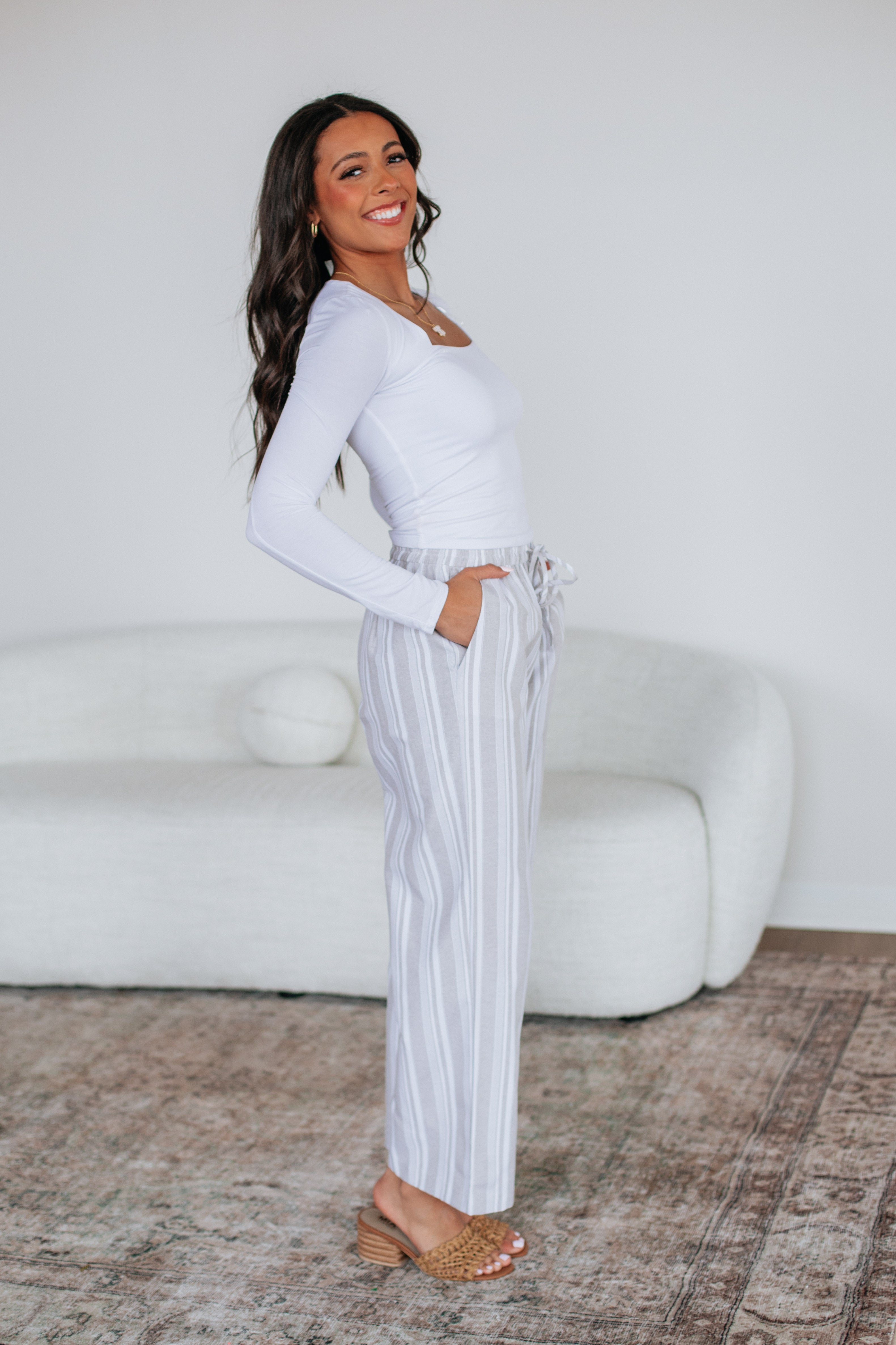 Stylish Marlowe Striped Pants in Sand Mix - Comfortable Casual Wear for Women | Perfect for Office, Travel & Everyday Outfits