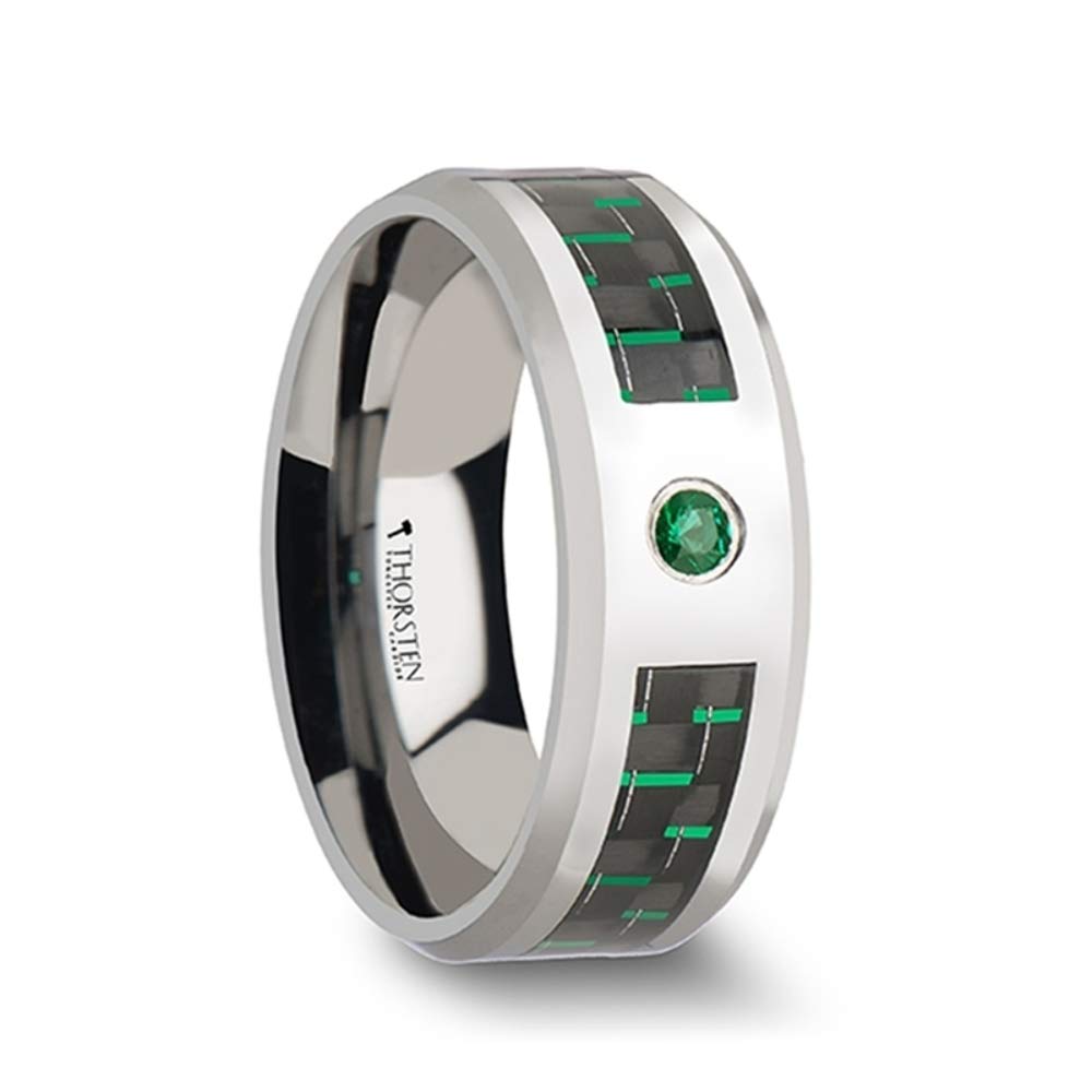 Comfort Fit Men's Tungsten Wedding Band Ring - 8mm Wide Green Emerald with Black & Green Carbon Fiber (ASPEN Style) - Durable & Scratch-Resistant for Everyday Wear, Anniversary Gifts, and Special Occasions