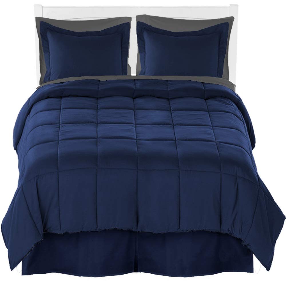 Premium Split King Comforter Set with Sheet Set & Bed Skirt - Ultra-Soft Brushed Microfiber Bedding (Dark Blue Comforter, Grey Sheets, Dark Blue Skirt) - Perfect for Master Bedrooms & Guest Rooms