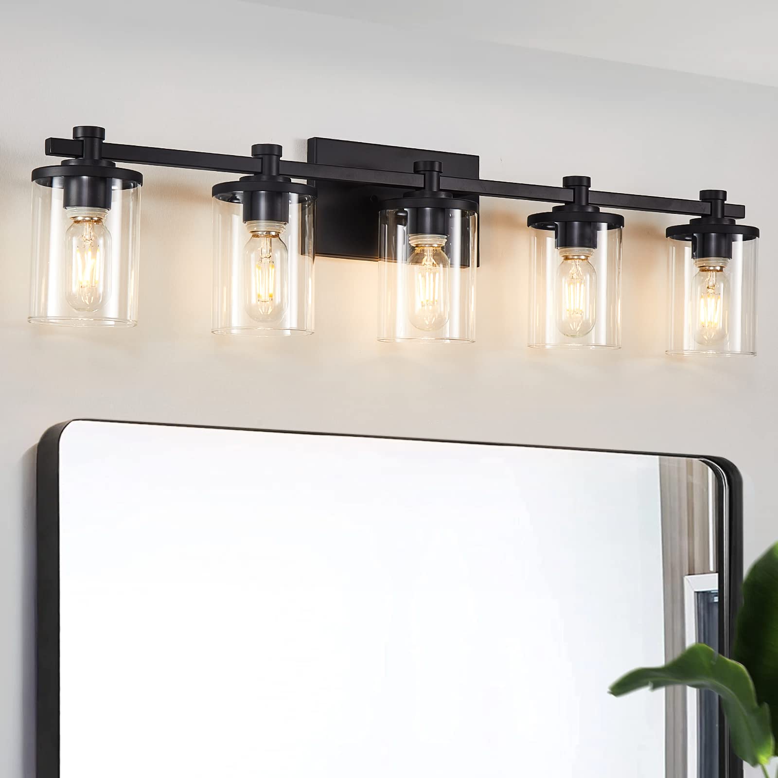Modern Black Vanity Lights with Clear Glass Shade & Copper Accent - 5 Light Bathroom Mirror Fixtures for Makeup, Shaving & Grooming | Perfect for Bathroom, Dressing Room & Salon Lighting
