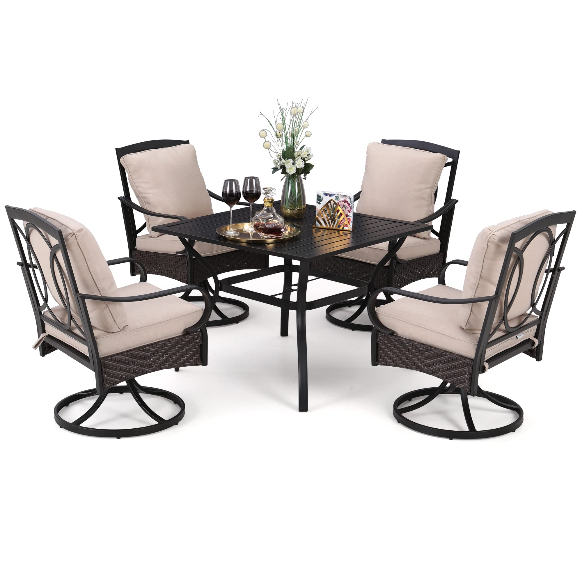 MFSTUDIO 5-Piece Outdoor Rattan Patio Dining Set for 4 with Swivel Chairs & Cushions - Square Metal Frame Table & Weather-Resistant Wicker Furniture - Perfect for Backyard, Garden, Poolside or Balcony Dining
