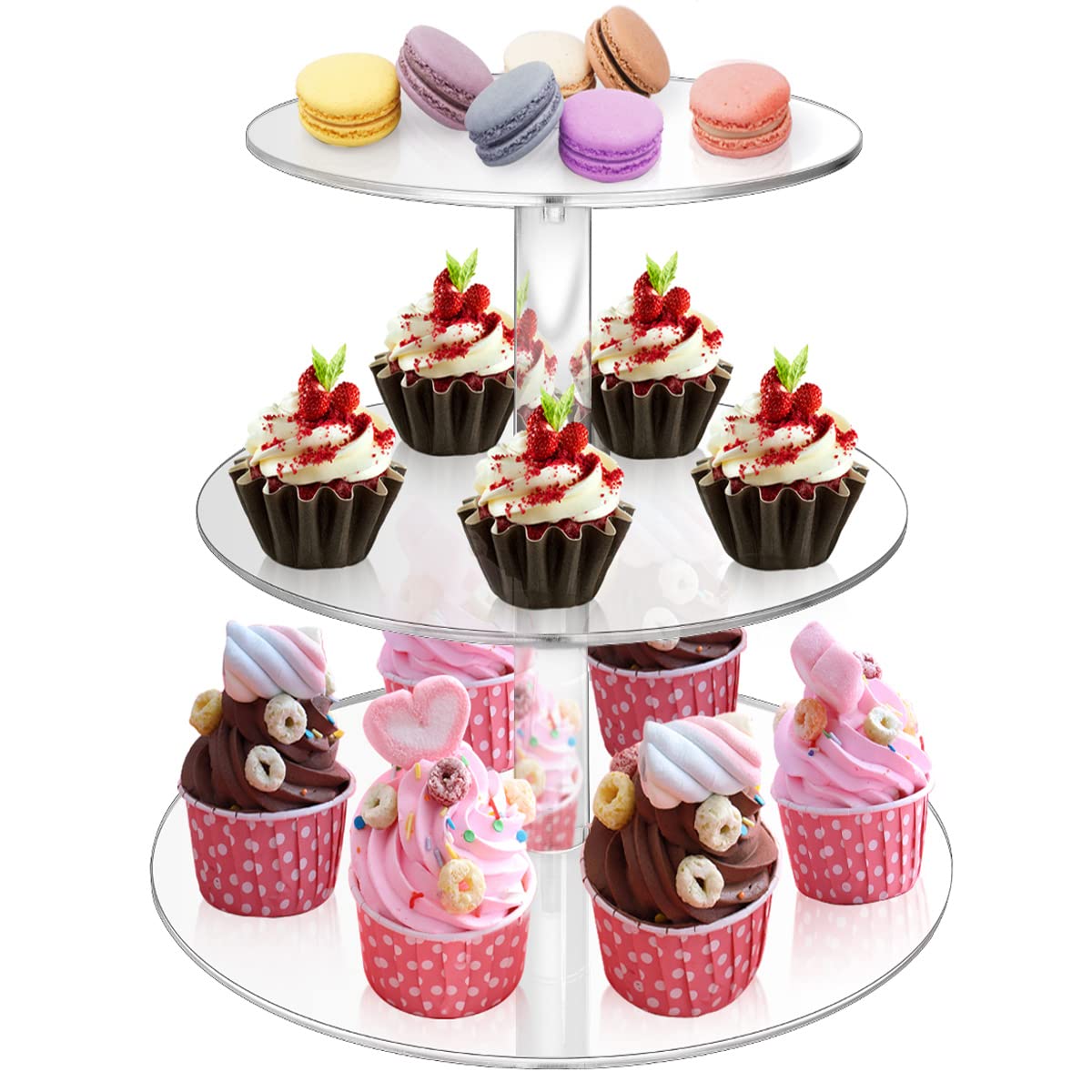 3-Tier Acrylic Cupcake Stand - Clear Round Dessert Display Tower for Birthday, Wedding, Baby Shower - Reusable Pastry Holder for Parties, Buffets & Catering Events