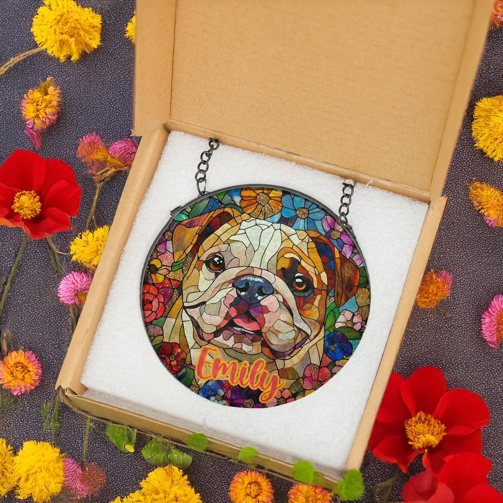 English Bulldog Stained Glass Suncatcher - Personalized Dog Gift with Custom Pet Name - Perfect for French Bulldog Lovers - Unique Home Window Decor for Dog Moms & Dads - Ideal for Living Room, Bedroom, or Office Decorations