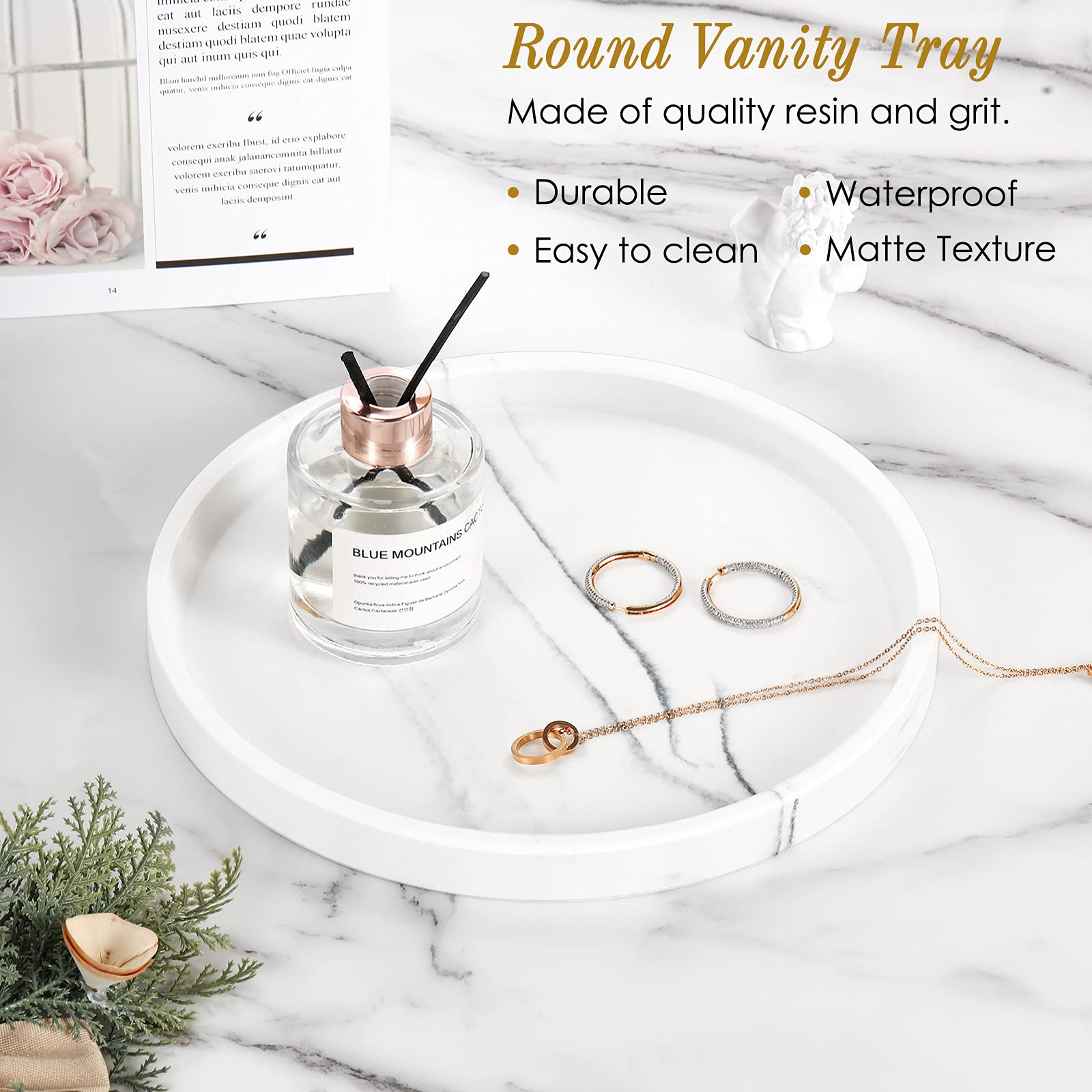 Luxspire 10.63 Inch Round Vanity Tray - White Resin Bathroom & Kitchen Countertop Organizer for Jewelry, Perfume, Candles - Decorative Dresser & Coffee Table Tray with Gravel Texture - Perfect for Home Decor, Gift Giving & Spa Day Organization