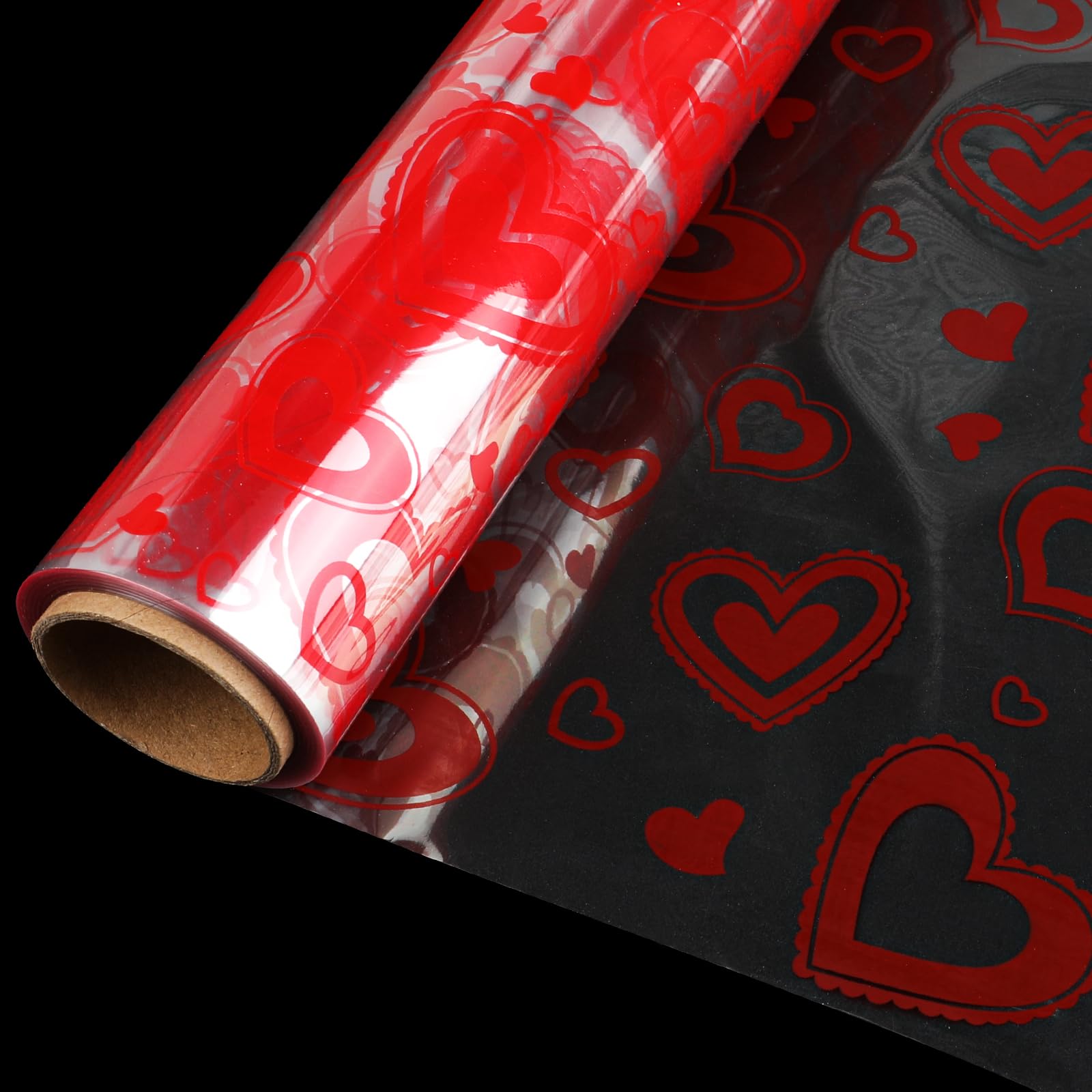 DERAYEE 100 ft x 16 Inch Clear Heart Print Cellophane Wrap Roll - Valentine's Day Gift Wrapping Paper for Flowers, Candy, Treat Baskets, Party Favors - Perfect for DIY Crafts, Wedding Decorations & Holiday Packaging