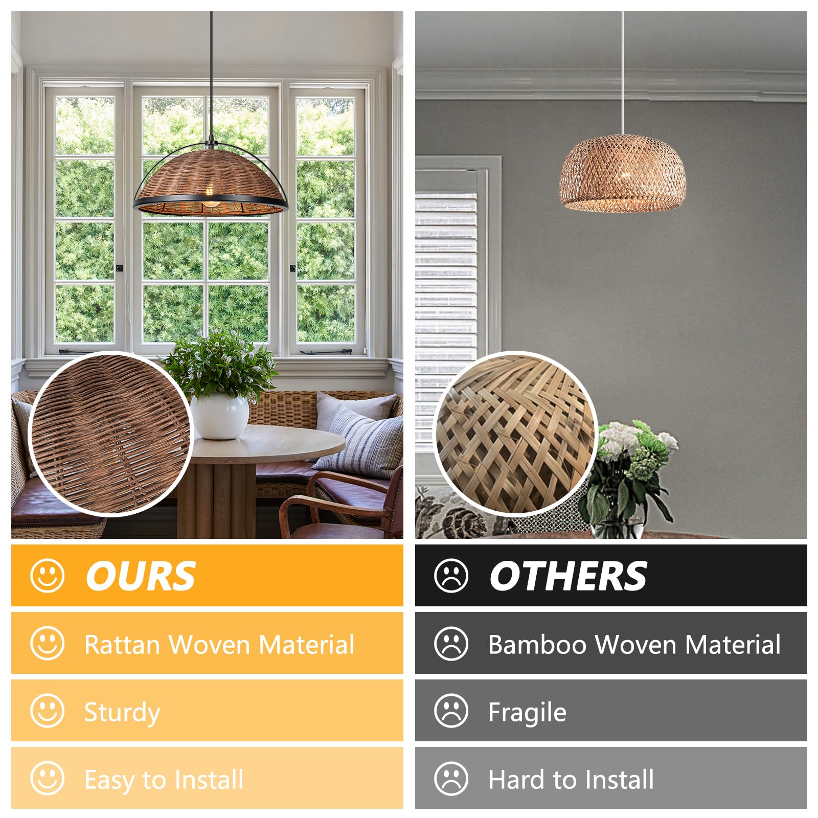 Handmade Woven Rattan Half Round Pendant Light Fixture - 2 Pack Adjustable Farmhouse Bohemian Hanging Lights for Kitchen Island, Dining Room, Bar & Bedroom - Natural Wicker Chandelier for Modern Boho Home Decor