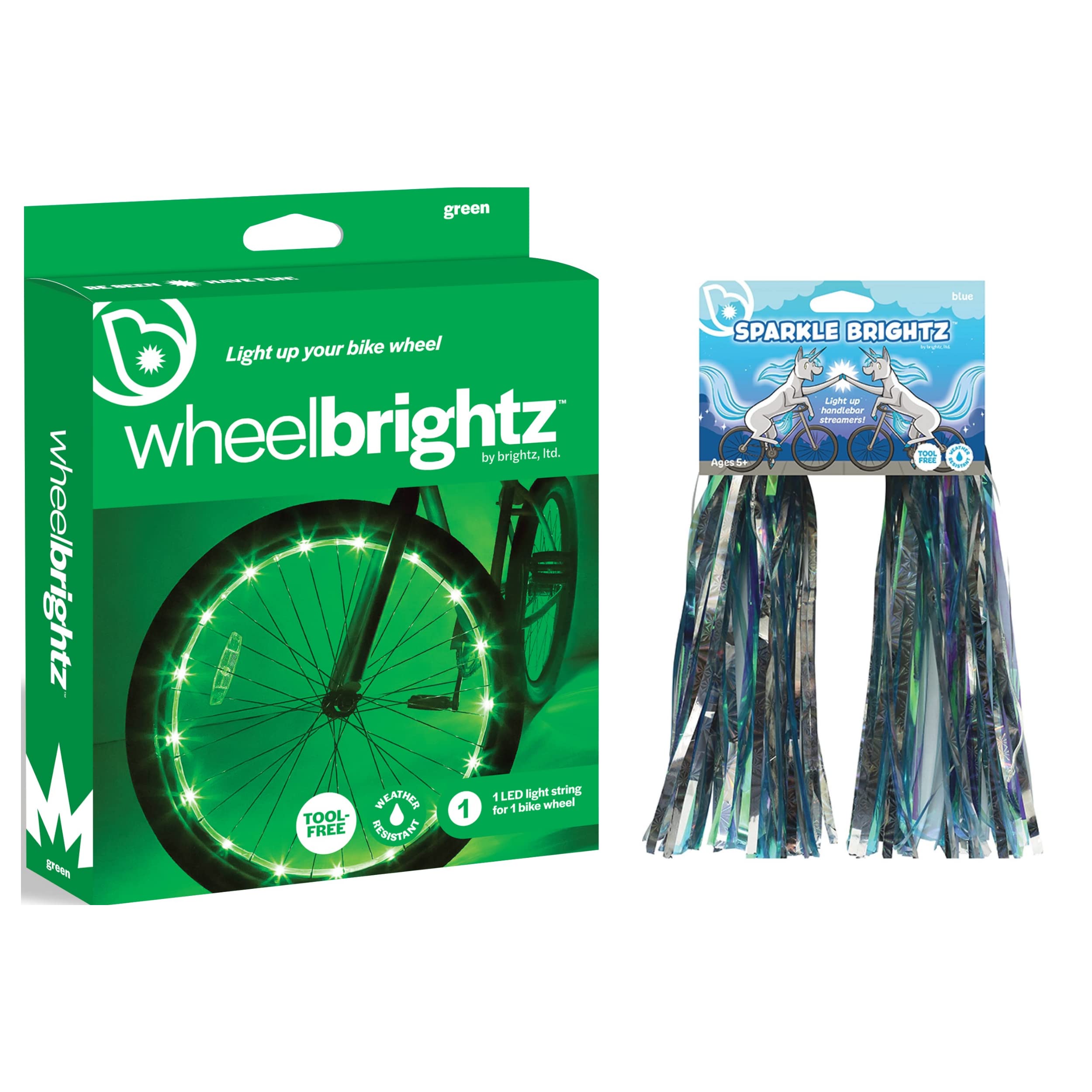 Brightz LED Bike Wheel Lights & LED Light Up Bike Tassels Combo - Waterproof Bicycle Spoke Lights with 8 Color Modes & Sparkle Streamers for Night Riding, Cycling Safety, Kids Bikes, Commuter & Outdoor Activities