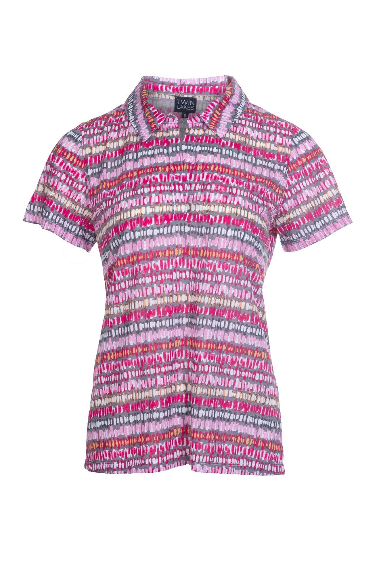 Printed Poly Slub Collar Top - Cerise Silver Abstract Design | 6744A1 | Perfect for Casual Outings & Office Wear