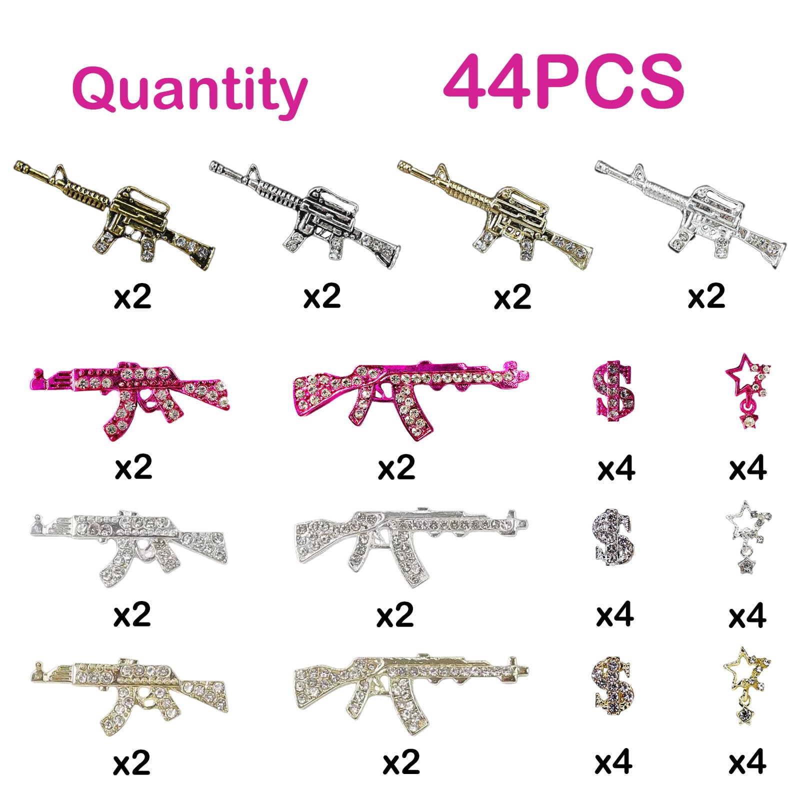 44PCS Gun Nail Charms - Gold & Silver Alloy Nail Art Rhinestones with Dollar Sign & Star Designs - Acrylic Nail Decorations for DIY Nail Art - Perfect for Salon, Party, and Special Occasion Nail Designs