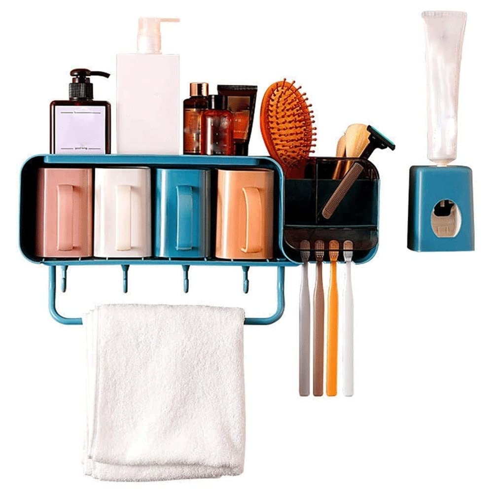 Automatic Toothpaste Dispenser & Wall Mount Toothbrush Holder - 4 Slot Bathroom Organizer with Drawer for Cosmetics (Holds 2-4 Cups) | Space Saving Solution for Small Bathrooms & Vanities