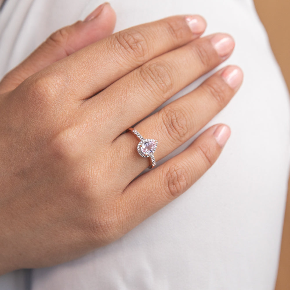9ct Rose Gold Peach Sapphire & Diamond Pear Ring - Elegant Jewelry for Weddings, Anniversaries & Special Occasions