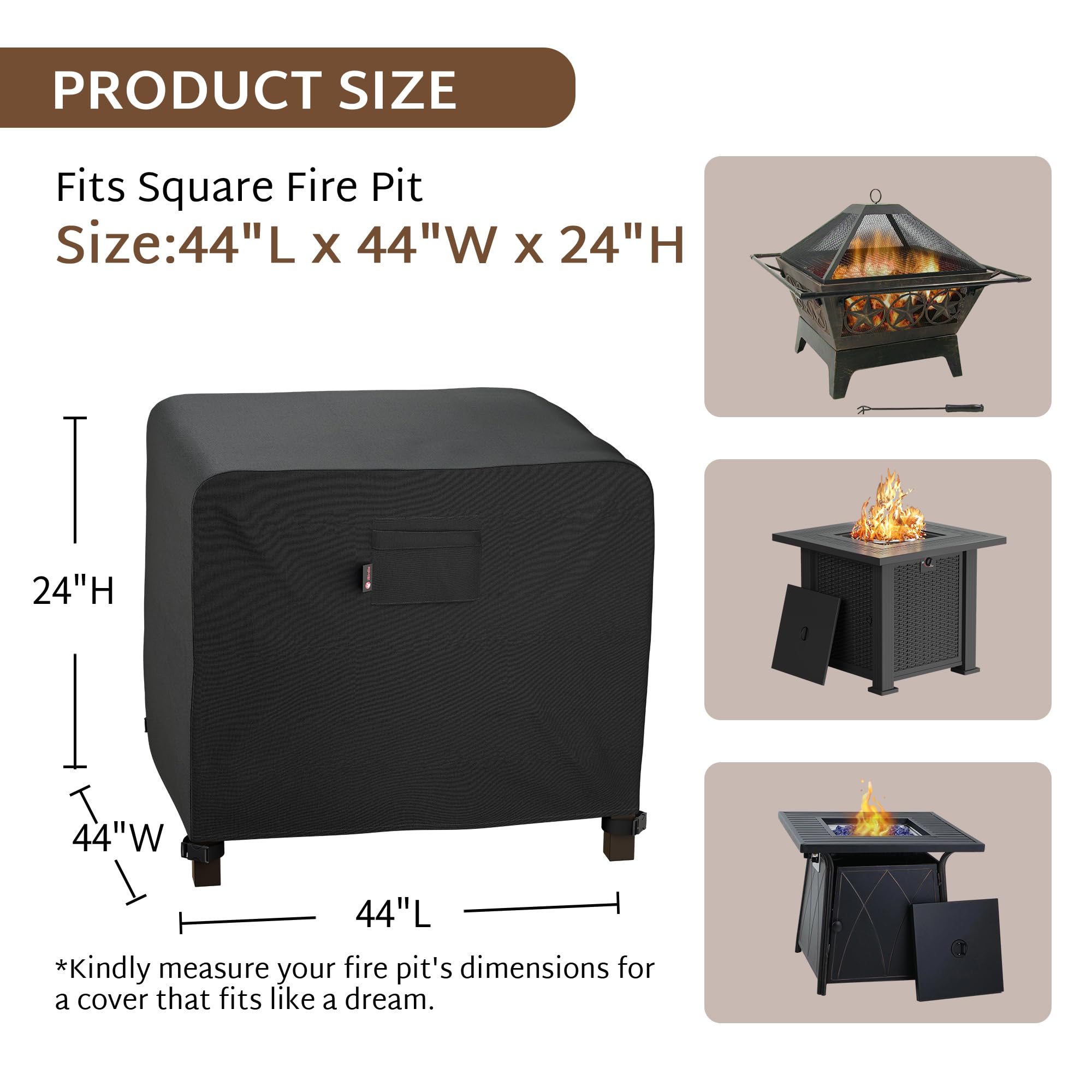 iBirdie 44 x 44 Inch Square Fire Pit Cover - Heavy Duty 600D Waterproof & Weatherproof Outdoor Fireplace Cover for Patio Furniture Protection - Perfect for Backyards, Decks, and Camping Sites