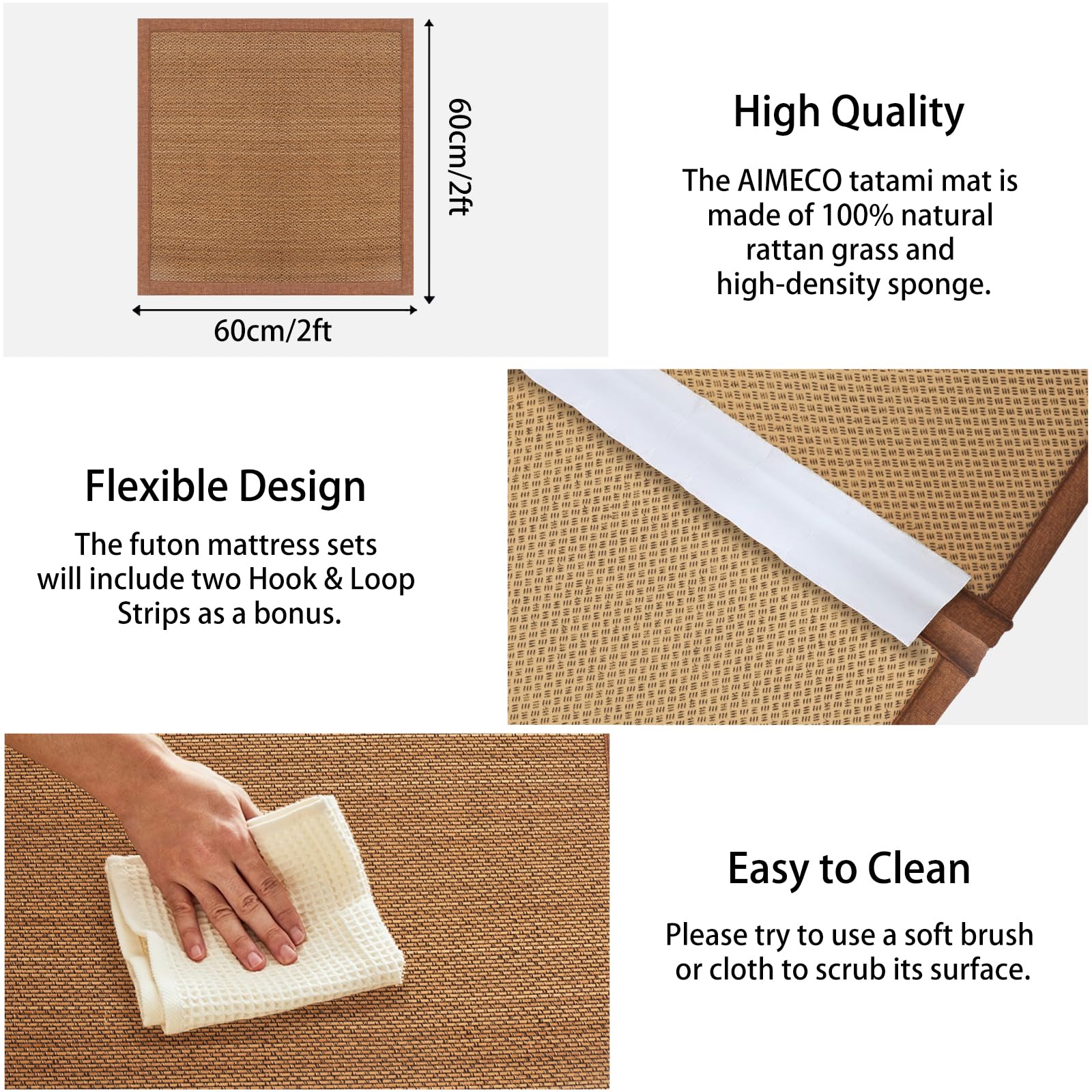 Japanese Tatami Mat - 3PCS 2x2 Ft Natural Rattan Futon Floor Mattress for Sleeping, Meditation & Yoga | Brown Rattan Area Rugs | Perfect for Zen Decor, Japanese Tea Rooms & Home Yoga Studios