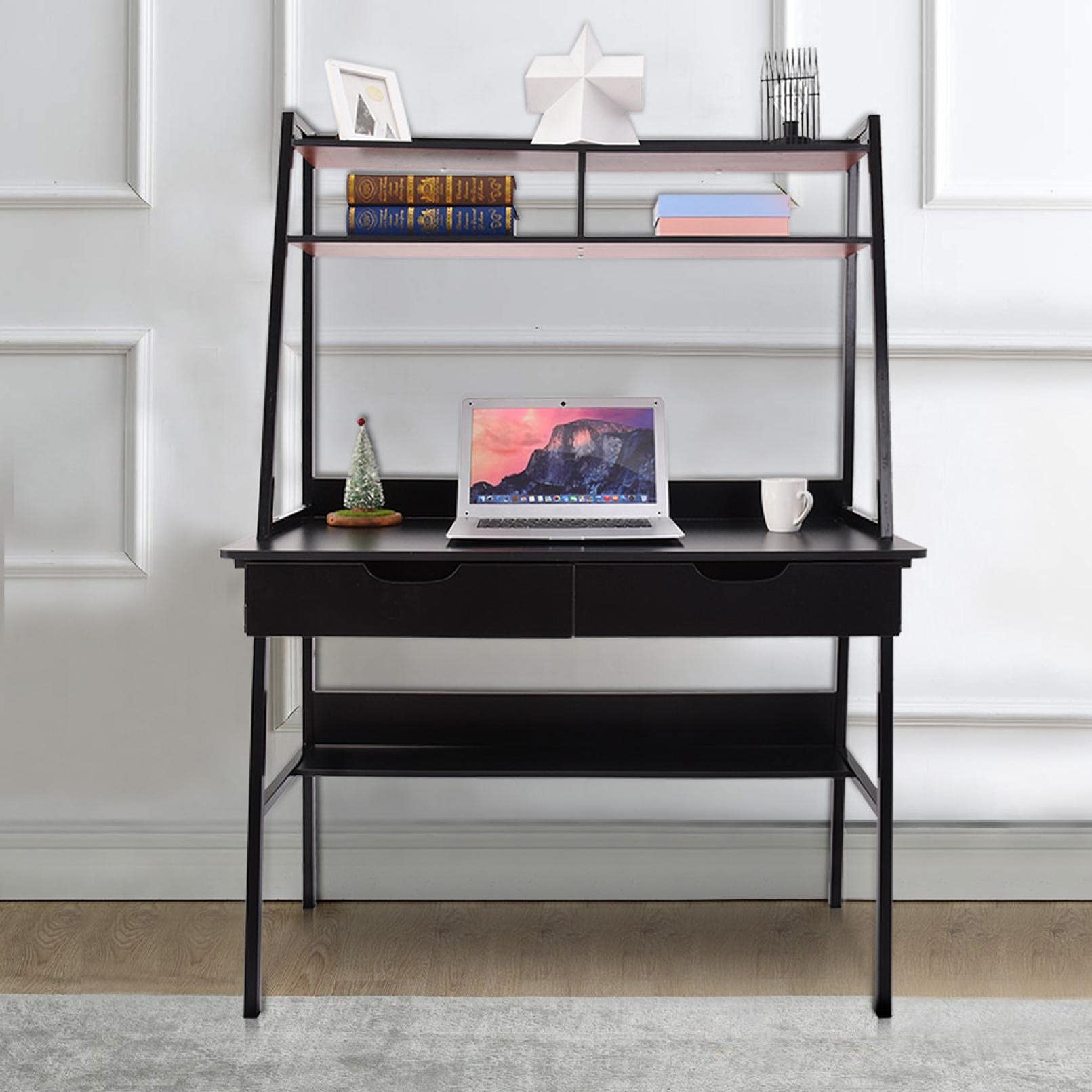 Black Computer Desk with Hutch and Storage Shelves - Sturdy PC Laptop Workstation, Study Writing Desk for Small Spaces - Perfect for Home Office, Gaming Setup & Dorm Room Organization
