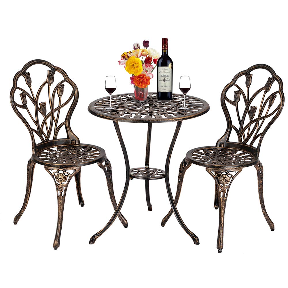 Amebee 3-Piece White Cast Aluminum Bistro Set - Rose Patio Chair & Table for Poolside, Backyard, Porch - Outdoor Reclining Furniture for Relaxing in Garden, Balcony or Terrace