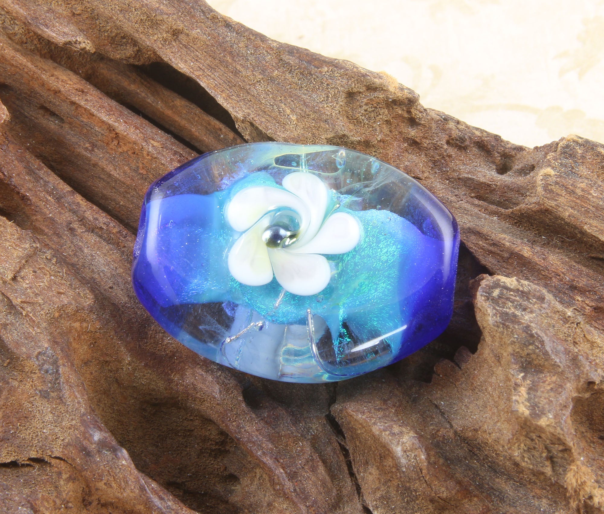 Handmade Caribbean Blue Floral Lampwork Glass Focal Bead for Jewelry Making - Perfect for Necklaces, Bracelets, and DIY Craft Projects