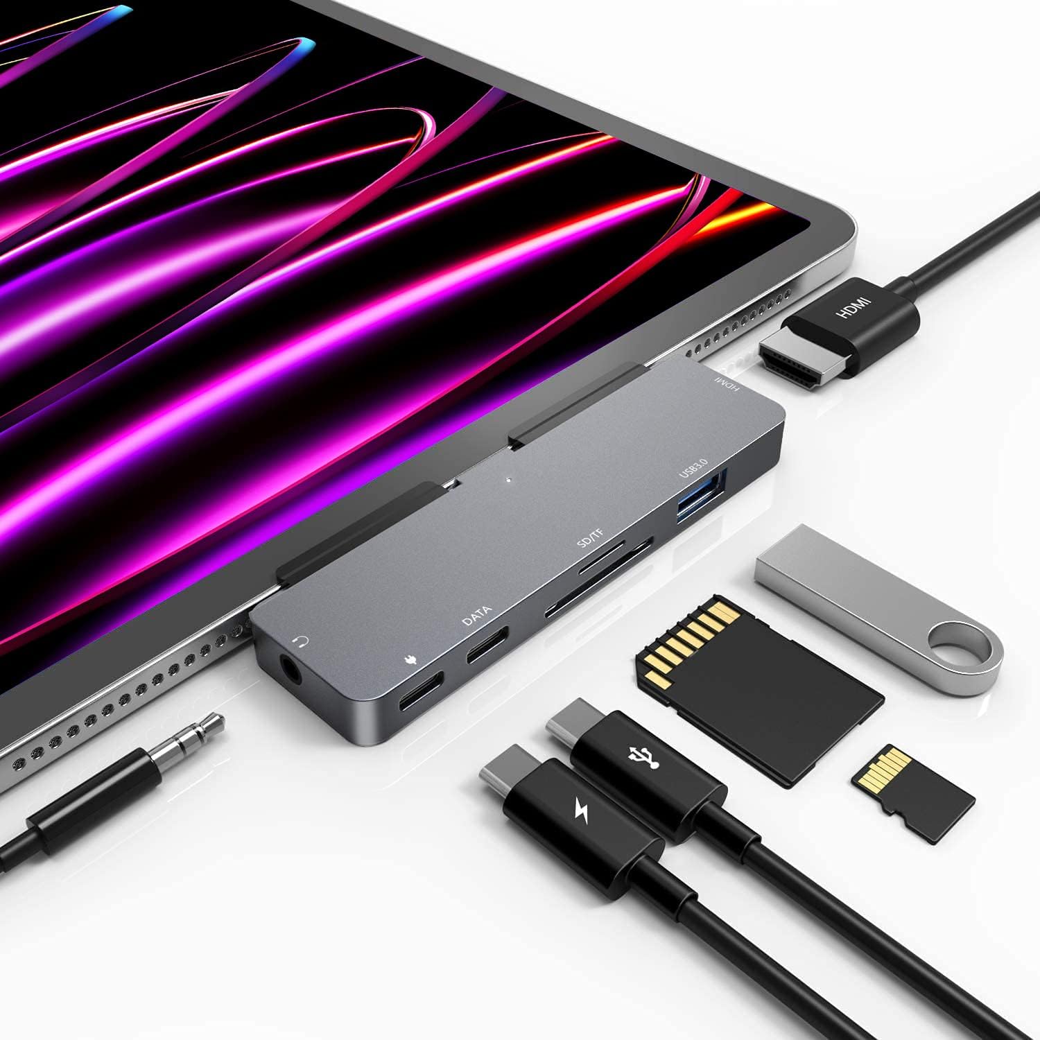 7-in-1 USB C Hub for iPad Pro M4/M2/M1 (13/11/12.9 inch) & iPad Air 5 - 4K 60Hz HDMI, USB 3.0, USB-C PD Charging, 3.5mm Audio, SD/Micro Card Reader | Portable Adapter for Work, Travel & Home Office