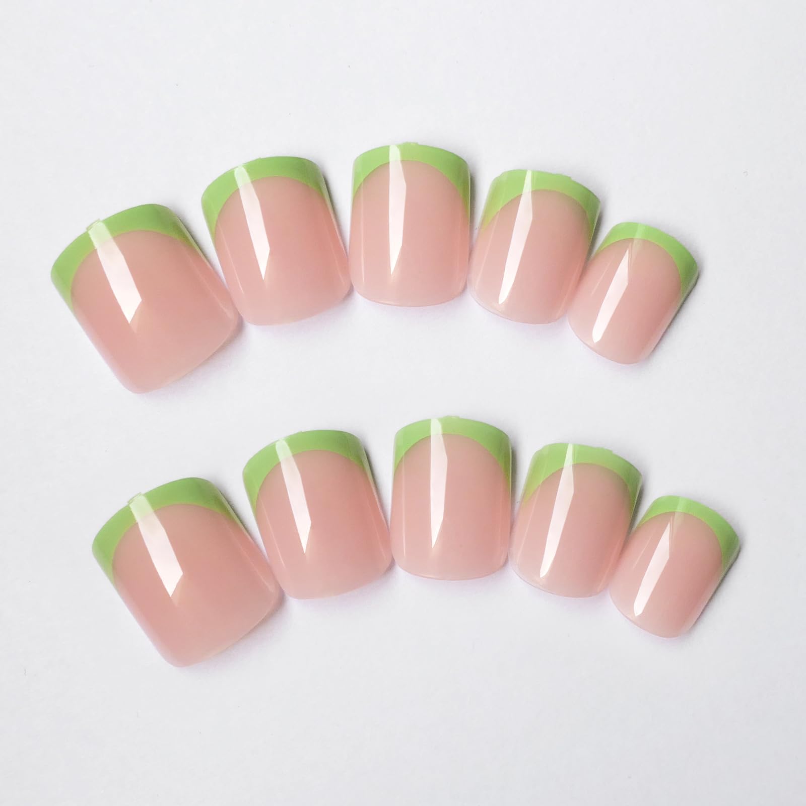 48Pcs Short Square Green French Tip Press on Nails - Full Cover Acrylic Fake Nails with Glue for Women & Girls - Perfect for Parties, Weddings, and Everyday Nail Decor