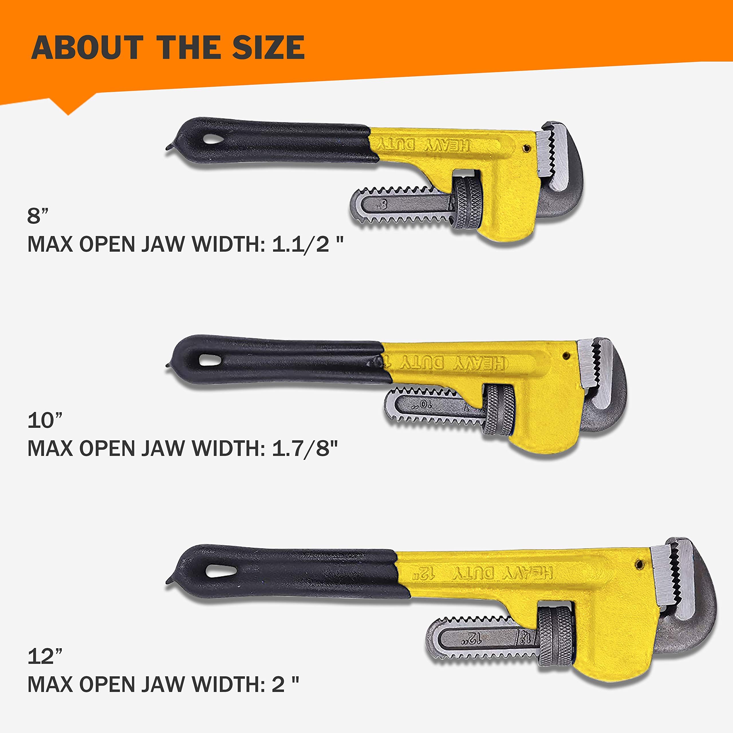 KOTTO Heavy Duty Adjustable Pipe Wrench Set - 3 Pack (8, 10, 12 Inch) with Storage Bag - Professional Plumbing Tools for Home Repair & Maintenance - Perfect for DIY Projects, Pipe Fittings, and Plumbing Installations