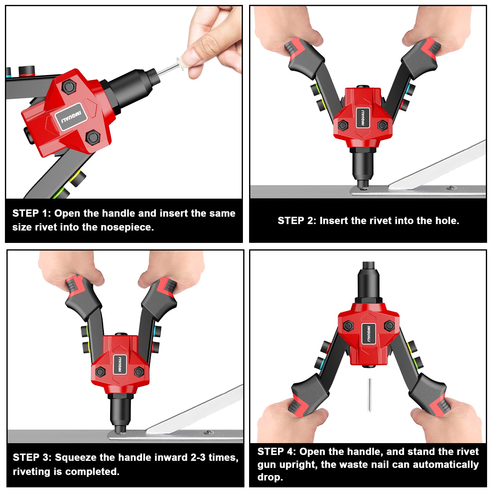 Heavy Duty Manual Rivet Gun Kit with 400 Rivets & 5 Nosepieces - 80 Pcs Aluminum Rivets for Each Size - 9.5