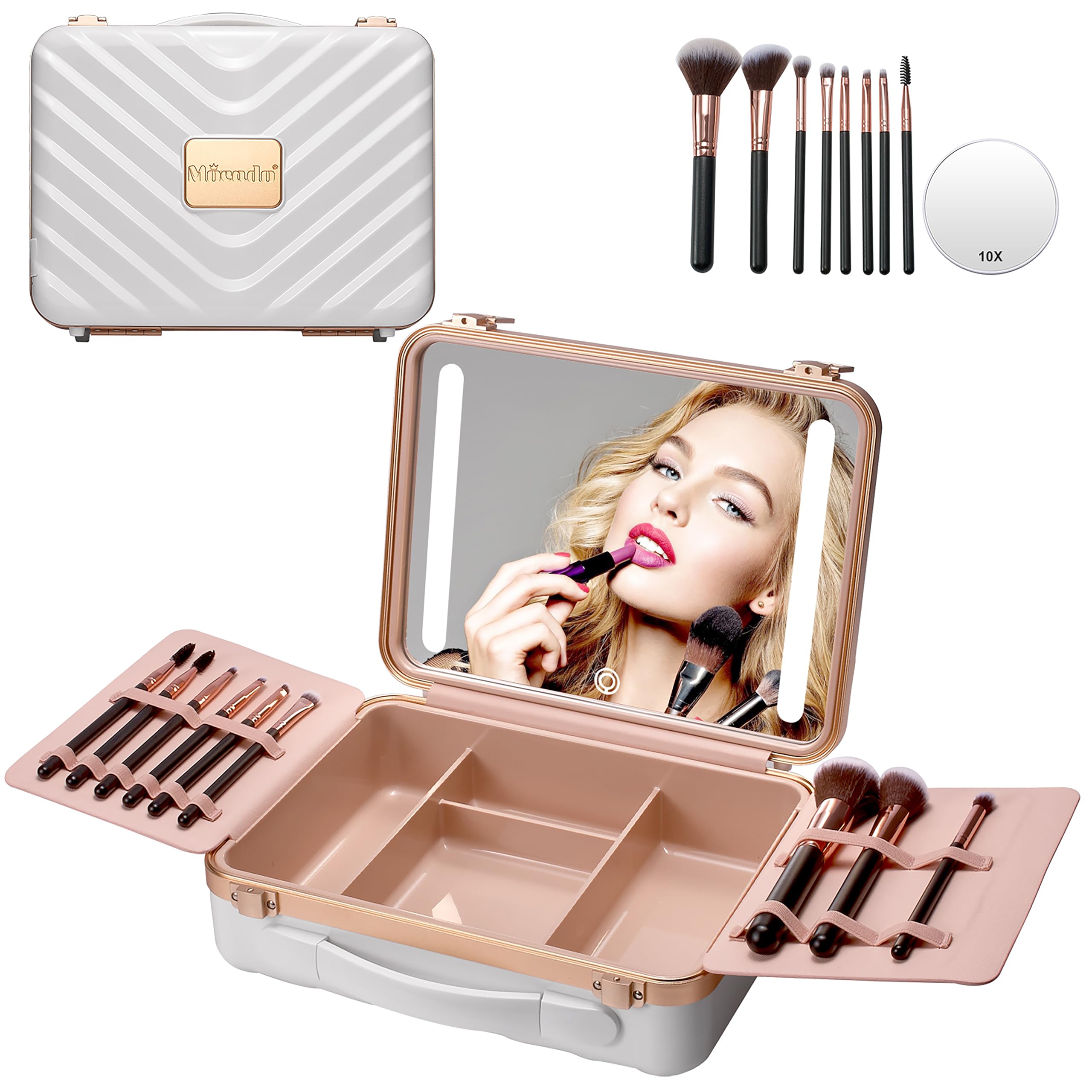 Premium Mocado Travel Makeup Case with LED Lighted Mirror & 8 Brushes - Adjustable Brightness Cosmetic Organizer with 10x Magnifying Mirror & Brush Divider (White) - Perfect for Travel, Home Vanity & Professional Makeup Artists