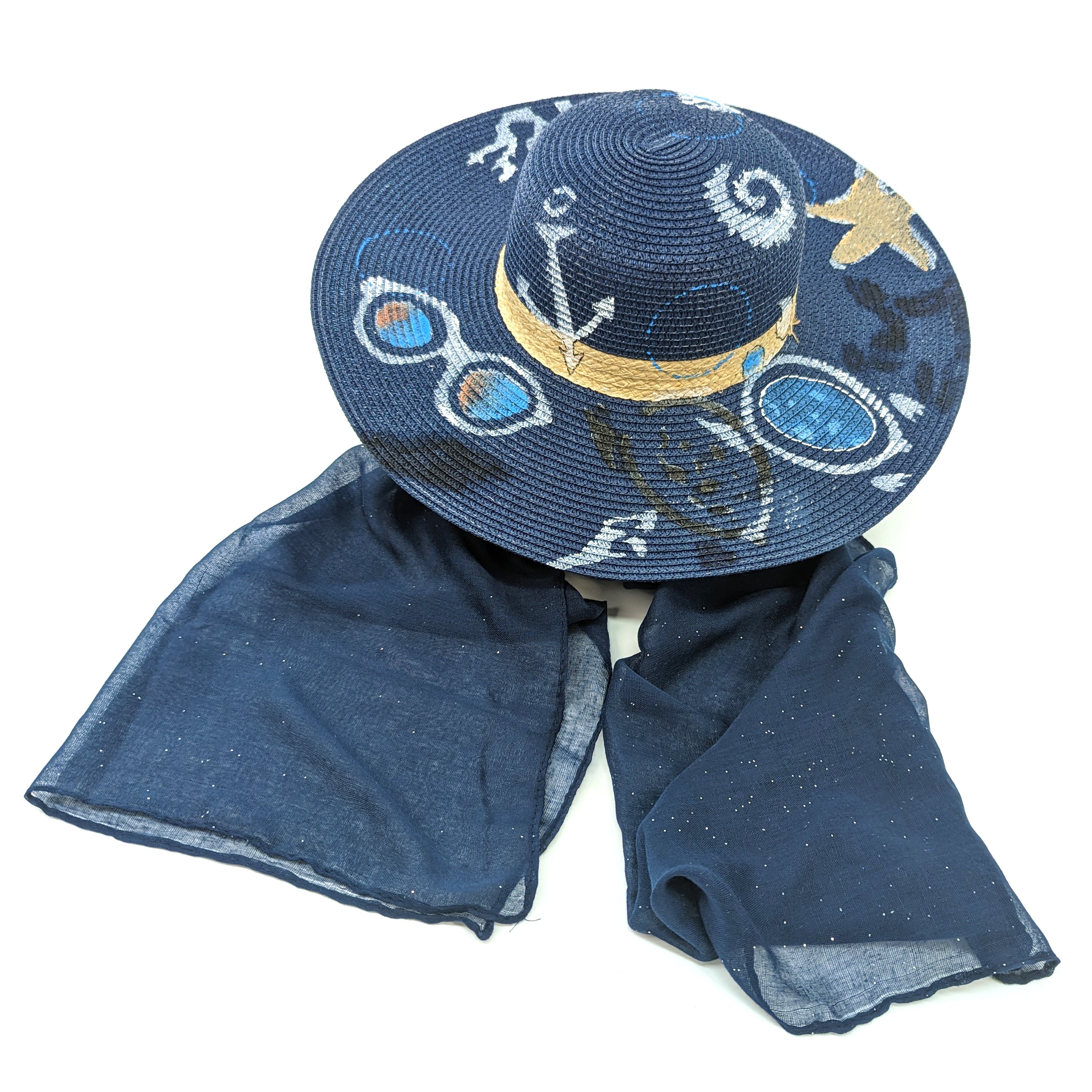 Seaside Printed Wide Brim Foldable Women's Sun Hat - 57cm UV Protection Beach Hat for Summer Outdoor Activities, Travel & Vacation