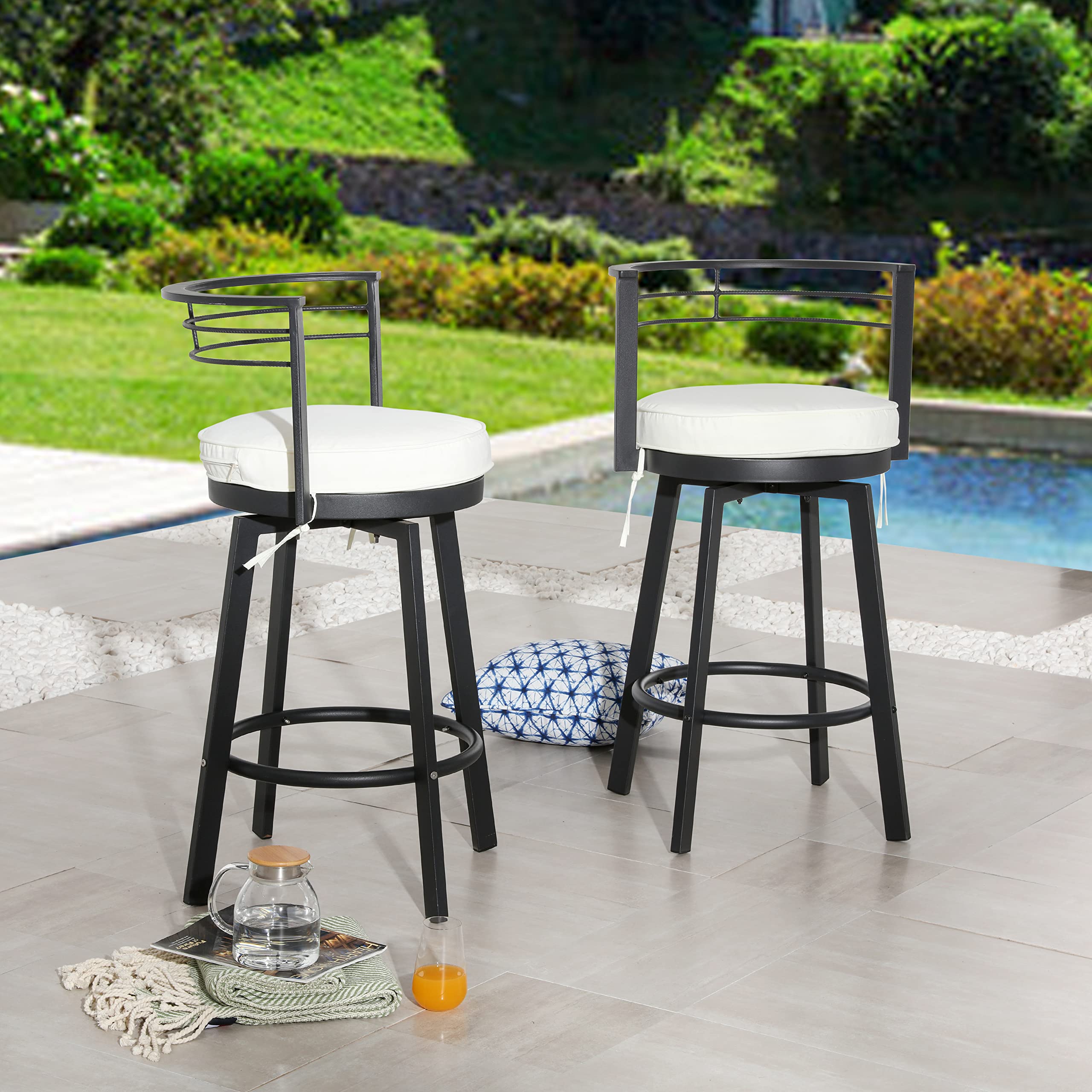 2-Piece Outdoor Swivel Bar Stool Set - Armless Bistro Chairs with Cushions - Patio Height Metal Stools for Backyard, Deck & Garden Dining - Weather-Resistant Outdoor Furniture