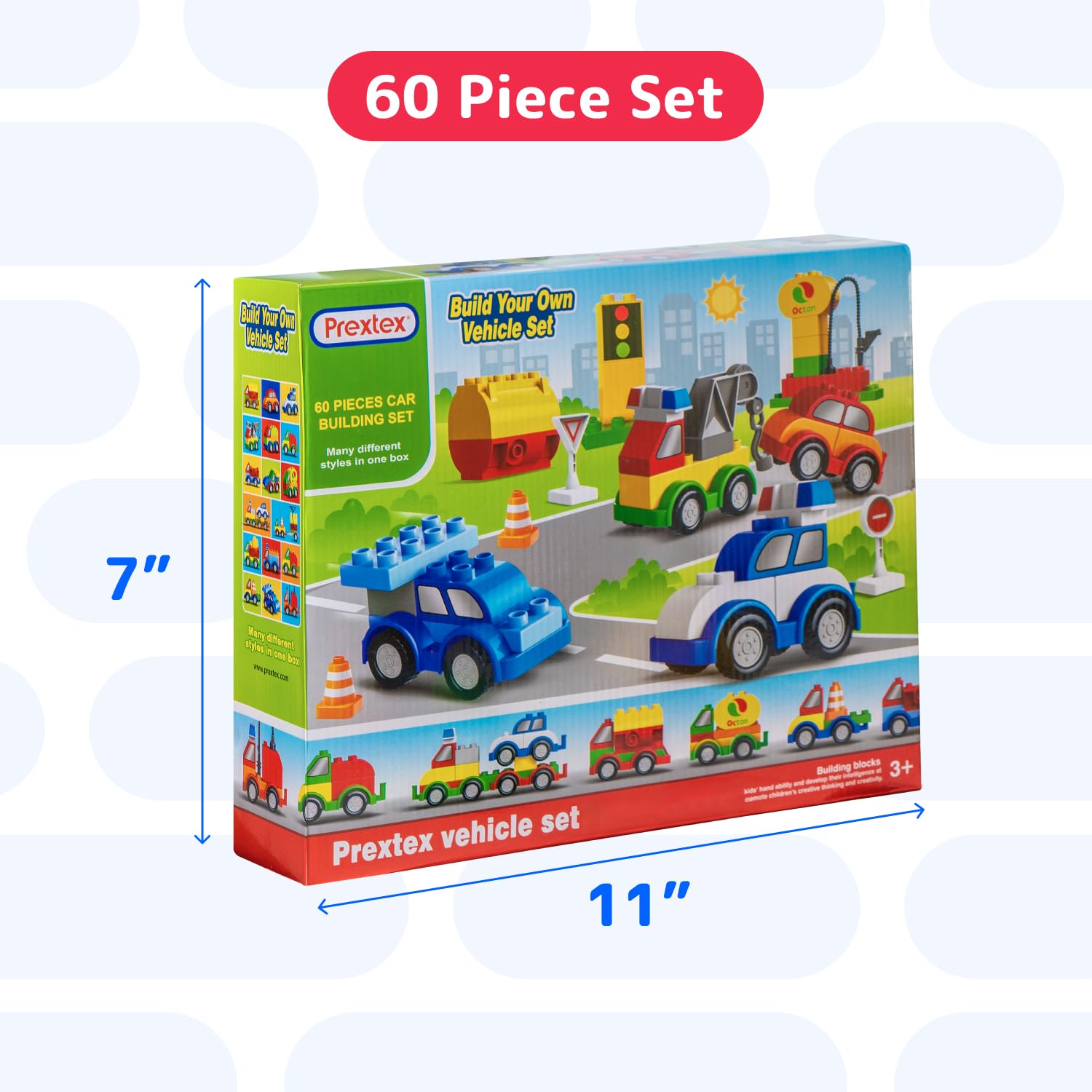 PREXTEX 60-Piece Toddler Building Blocks Set - STEM Educational Toys for Kids Ages 3+ | Safe & Easy-Grip Construction Toys for Building Cars, Trucks & More | Develops Fine Motor Skills & Creativity | Perfect for Preschool Learning & Indoor Playtime