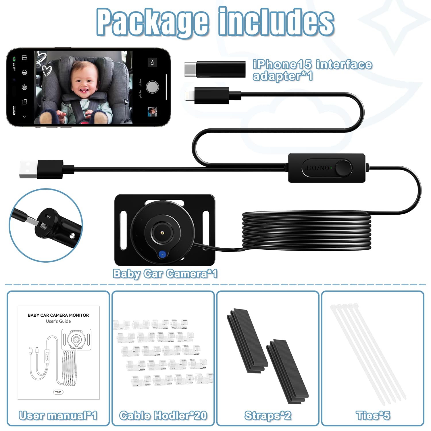 CIMELR HD 1080P Baby Car Camera with Night Vision - 360° Rotatable Rear View Mirror Monitor for iPhone - Easy Installation for Safe Driving & Baby Monitoring in Car
