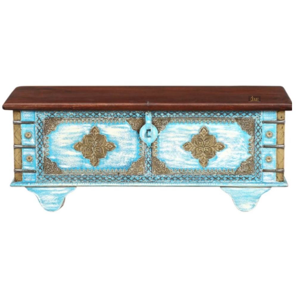 Handmade Mango Wood Storage Trunk with Embossed Design - Multifunctional Coffee Table & Decorative Storage Box (Light Blue Distress Finish) - Perfect for Living Room, Bedroom & Home Decor