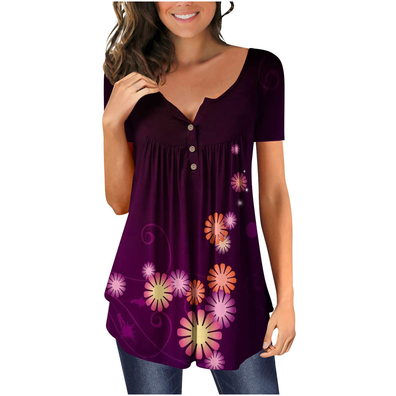 Wirziis Women's Floral Print Tunic Tops - Casual Dressy Short Sleeve Blouses for Leggings, Belly-Hiding Fit | Perfect for Work, Date Night & Everyday Wear