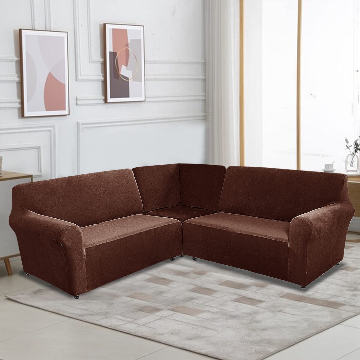 ELEOPTION 5-Piece L-Shaped Sofa Cover - Stretchable Velvet Sectional Couch Slipcover for Corner Couches, Soft Washable Furniture Protector in Brown - Perfect for Living Room, Family Room & Home Theater