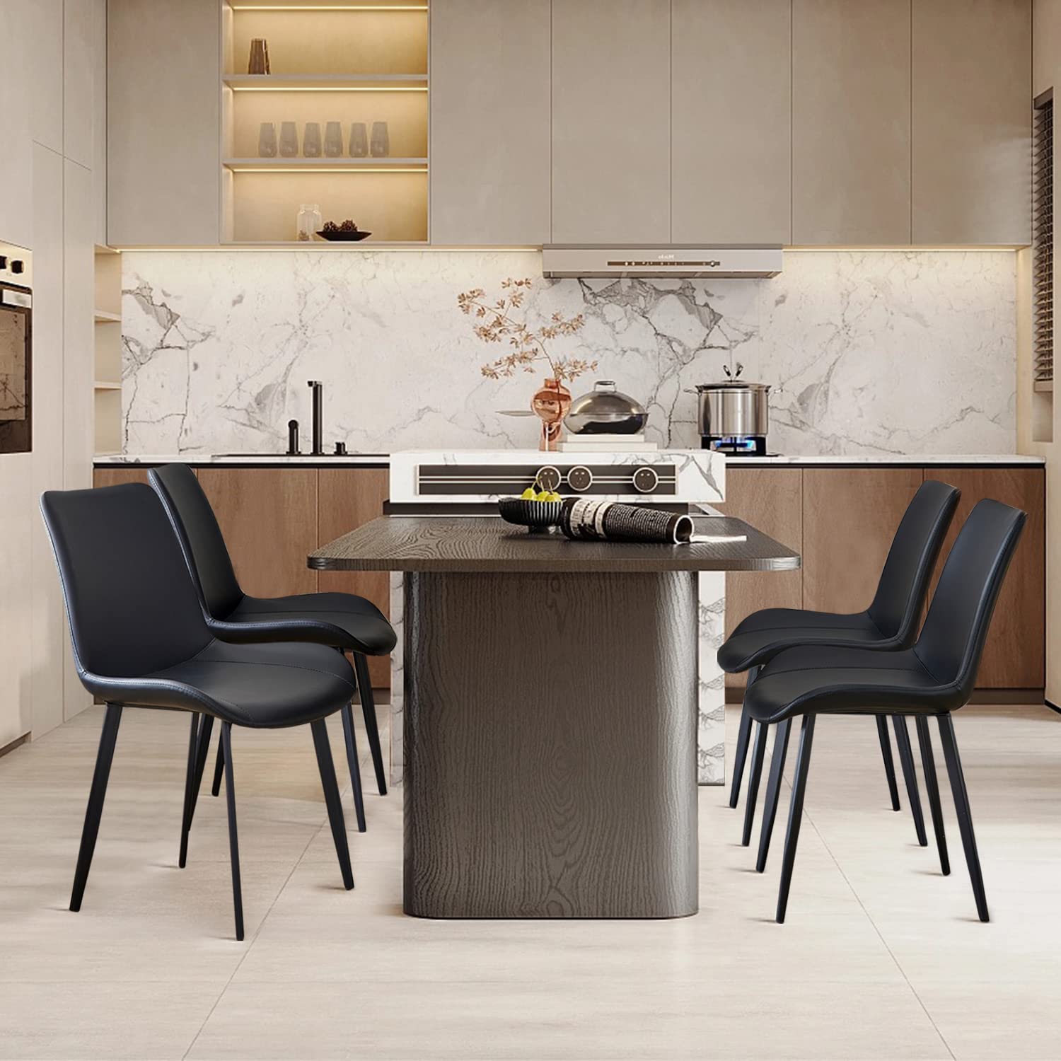 Modern Faux Leather Dining Chairs Set of 4 - Black Kitchen Chairs with Sturdy Metal Legs - Comfortable for Dining Room, Living Room, Kitchen, Bedroom, Cafe, Bistro & Restaurant Use