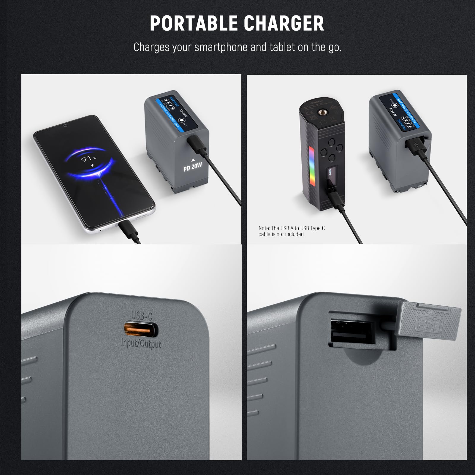 Neewer 10500mAh NP-F970 Replacement Battery for Sony Cameras - 20W PD Fast Charging with USB-C, 4.8Hrs Full Charge - Compatible with Sony NP-F550/F750/F950/F970 - Power Your Camera, Camcorder, Video Light & Monitor - Perfect for Photography, Videography & Outdoor Shooting (Gray)