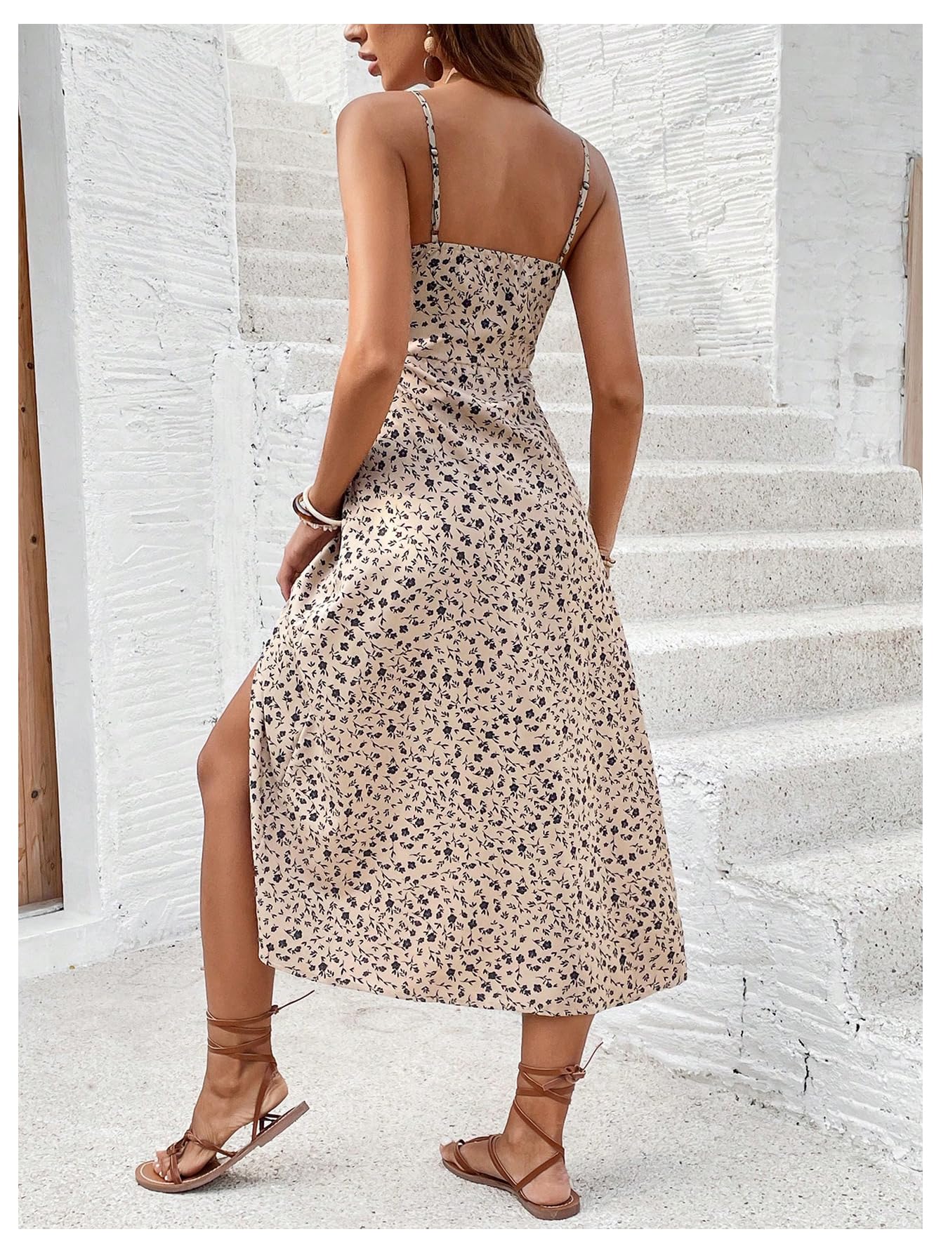 SOLY HUX Women's Floral Print Split Hem Cami Dress - Spaghetti Strap Summer Midi Dress for Women, Beach Cover Up, Vacation Outfit, Casual Day Dress, Boho Chic Style