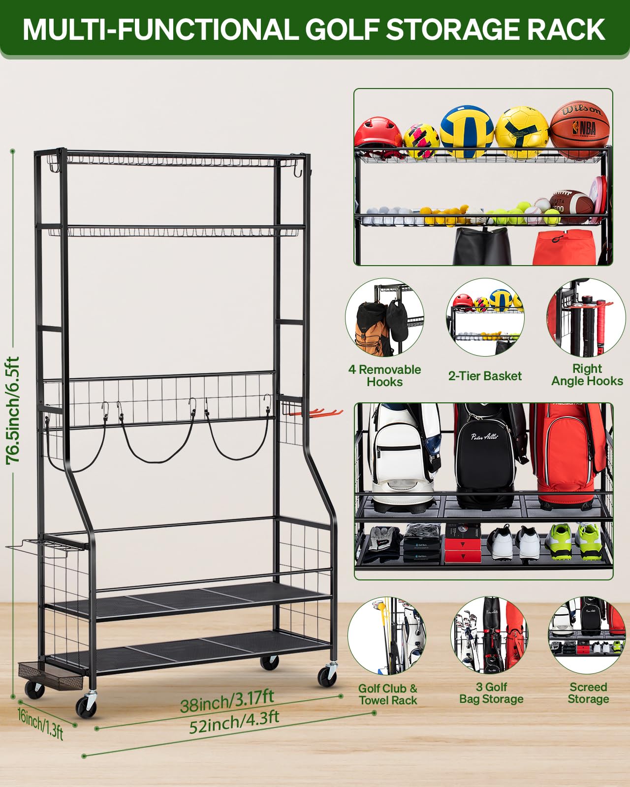 Heavy Duty Golf Bag Storage Rack with Wheels - 3 Golf Bag Stand Organizer for Garage, 4 Hooks & Extra Golf Club Display - Perfect for Golf Equipment Storage & Sports Gear Organization (Ideal for Home Garage, Basement, or Clubhouse Storage)