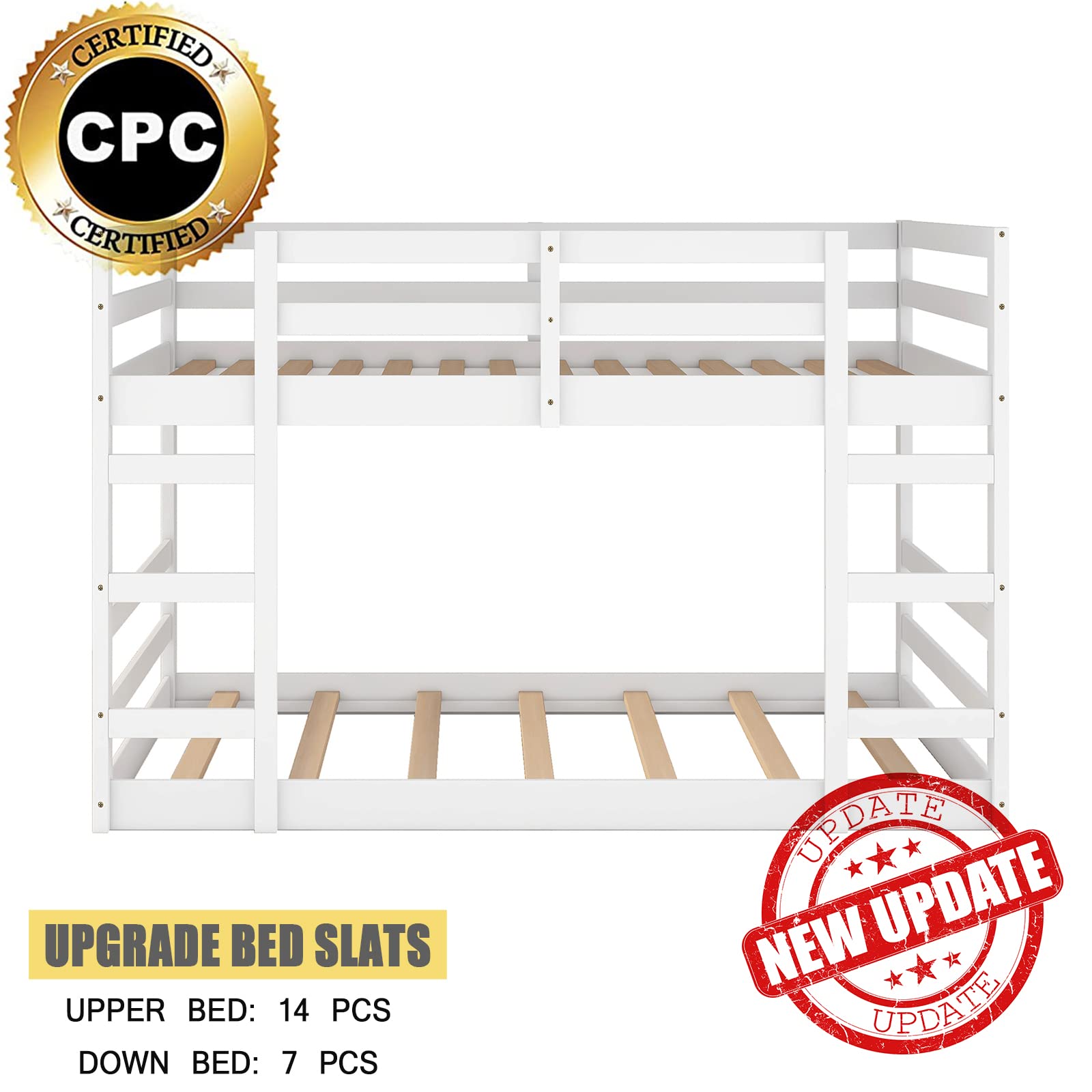**CITYLIGHT Low Bunk Beds Full Over Full - Sturdy Wooden Bunk Bed for Kids & Teens, Twin Bunk Beds with 2 Ladders for Boys & Girls Bedroom, Dorm or Guest Room (White, Full Size) - Perfect for Space-Saving Kids' Rooms, Shared Bedrooms & Small Apartments**
