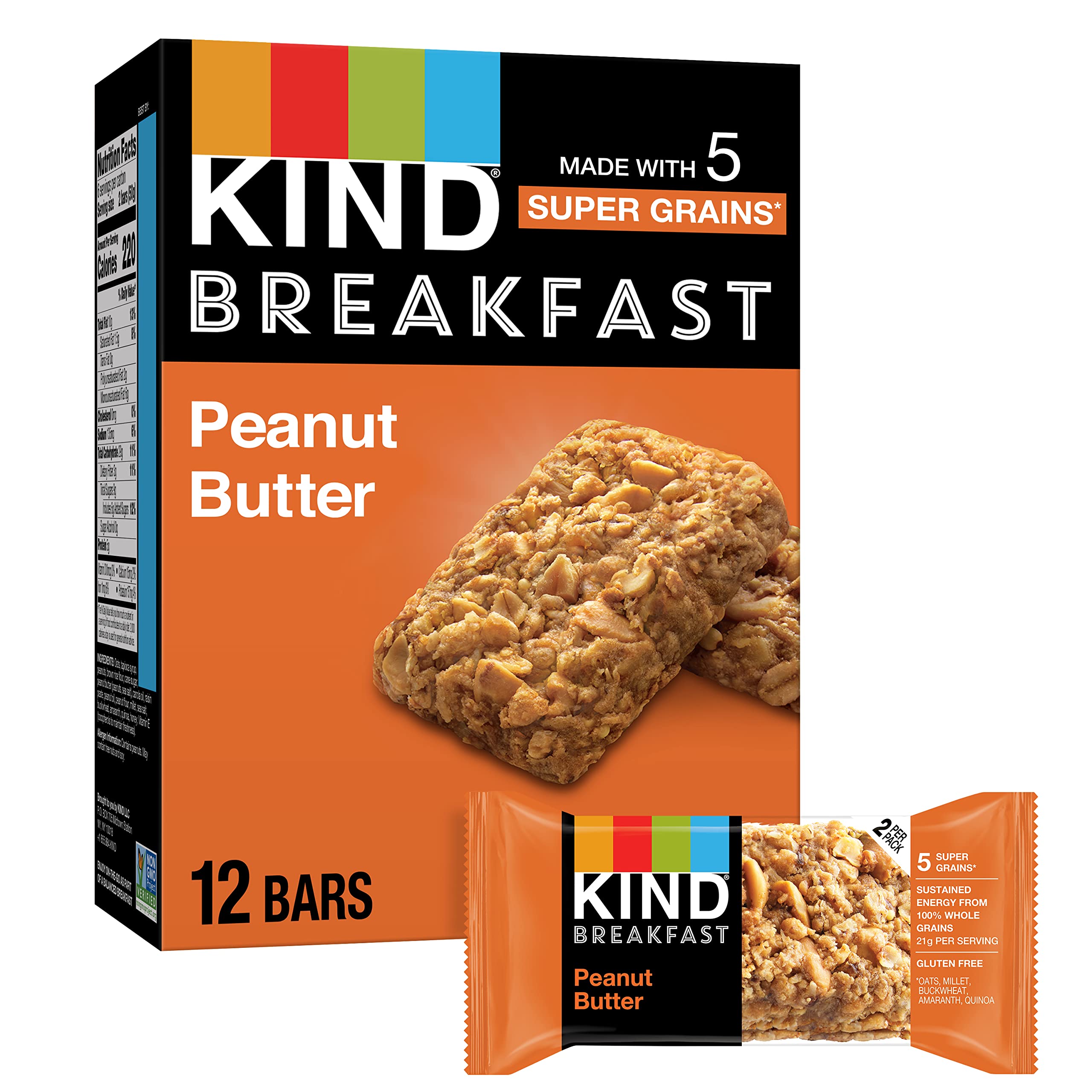 KIND Breakfast Bars - Healthy Peanut Butter Snacks, Gluten Free with Whole Grains & Oats, 5g Protein (6 Count) - Perfect for On-the-Go Breakfast, Office Snacks & Post-Workout Energy