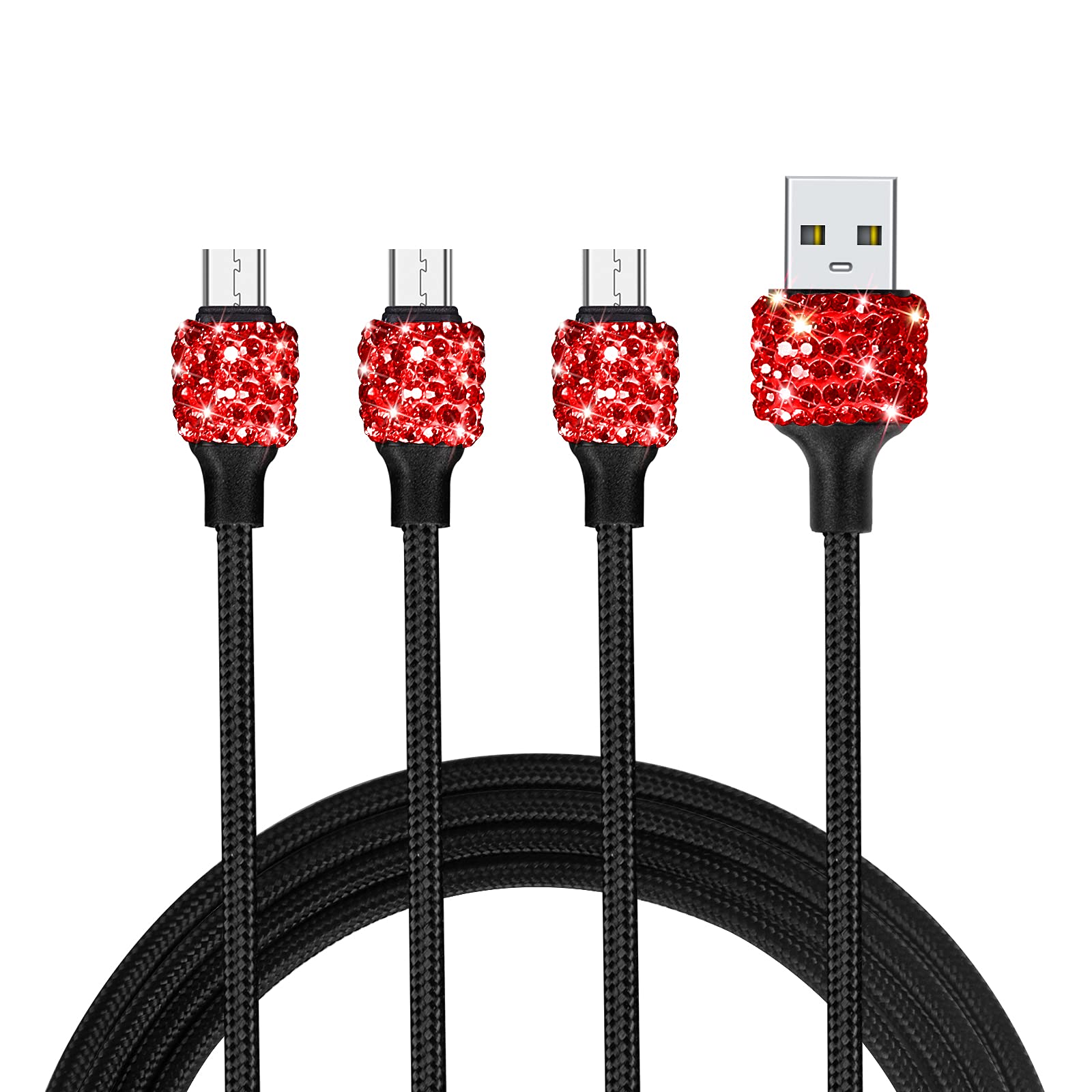 3-Pack Bling Micro USB Charger Cable (3.3FT) - Fast Charging Android Phone Cord Compatible with Samsung Galaxy S7/S6/Note 5, LG K40/K20, Kindle, MP3 Players & Tablets - Durable Red Charging Cable for Home, Office & Travel