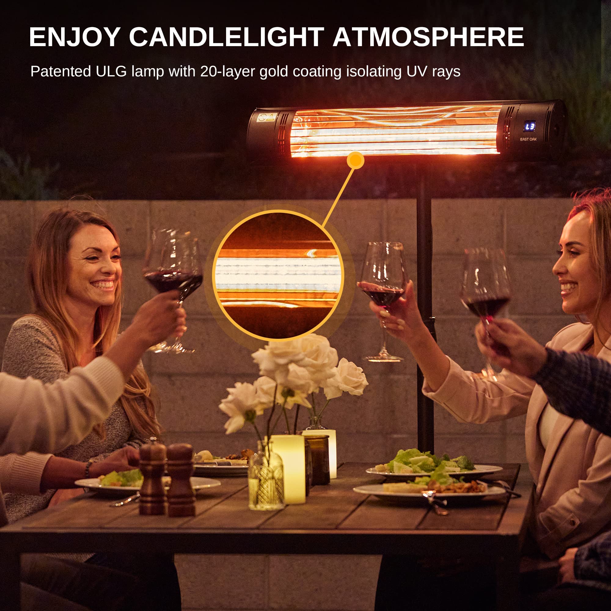 EAST OAK 1500W Indoor Outdoor Electric Patio Heater - Wall Mount & Standing Infrared Heater with IP65 Waterproof, Overheat Protection, Tip-Over Safety, 3 Heat Settings & 24H Timer - Perfect for Patio, Deck, Garage & Winter Outdoor Heating