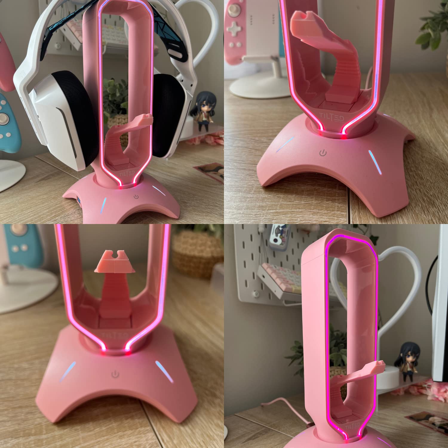 Tilted Nation RGB Gaming Headset Stand with Mouse Bungee & USB Hub Charger - 3-in-1 Pink Gaming Accessory - Perfect Headphone Holder for Desk Setup - Ideal for PC, PS5, Xbox Gaming Stations & Streaming Battlestations