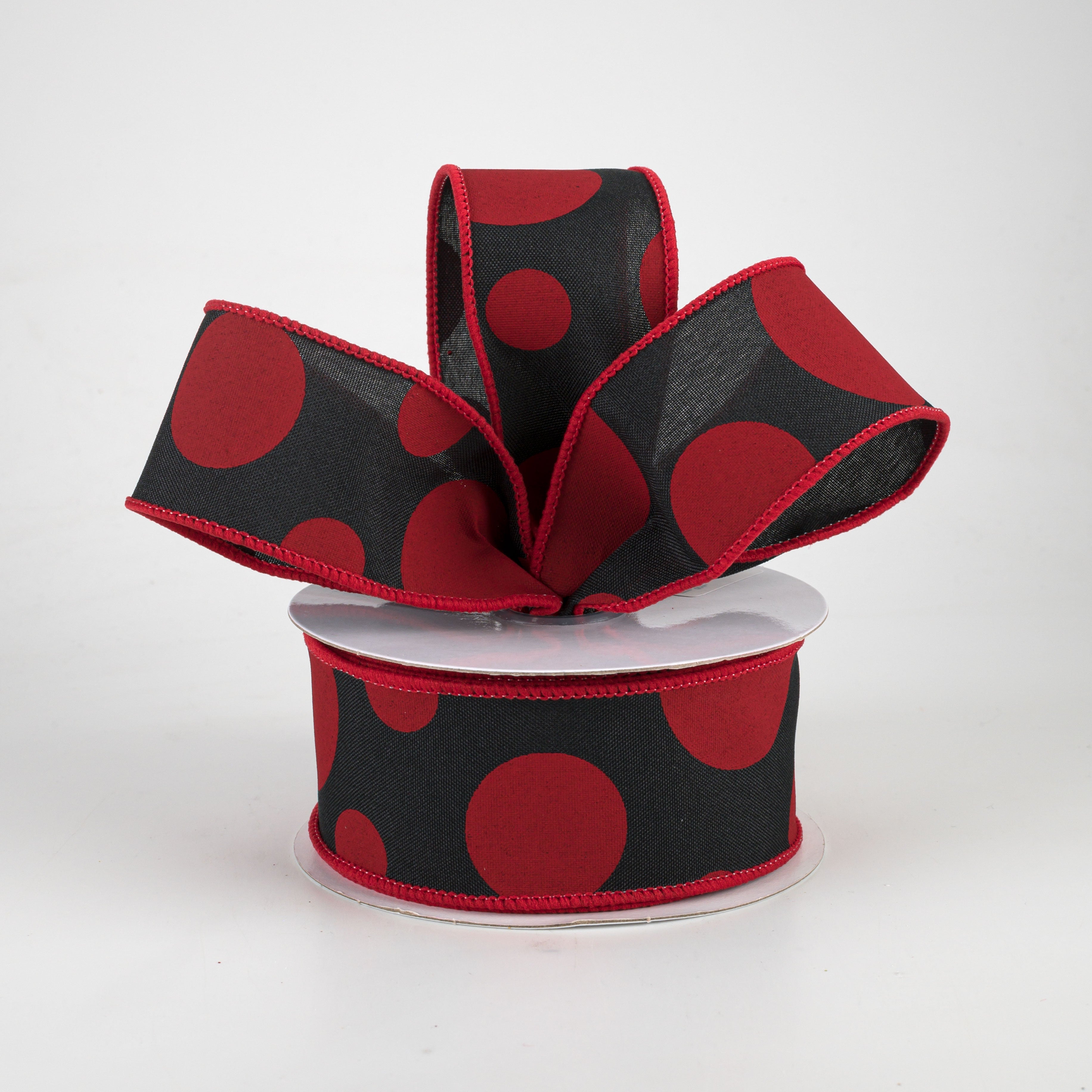 1.5 Inch Giant Three Size Polka Dot Ribbon - Black & Red Grosgrain Ribbon (10 Yards) for Gift Wrapping, DIY Crafts, Hair Bows & Party Decorations
