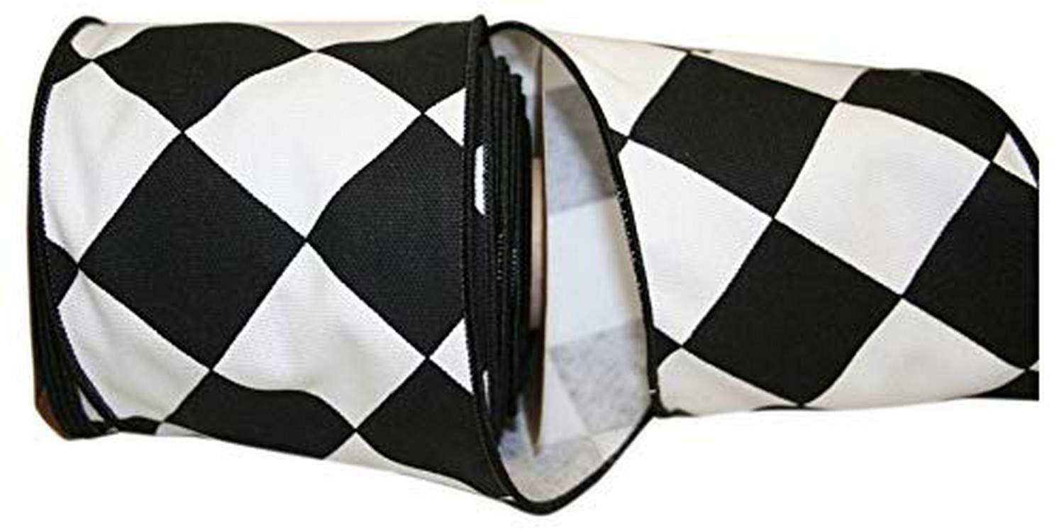 Reliant Ribbon Diamond Grand Wired Edge Ribbon - 4 Inch x 10 Yards, Black & White - Perfect for Gift Wrapping, Wedding Decorations & Craft Projects
