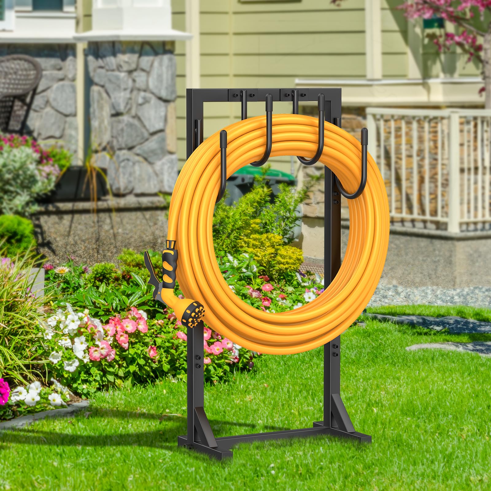 Upgraded Heavy Duty Metal Garden Hose Reel Holder - Freestanding 150ft Hose Storage with 4 Large Hooks, Detachable Outdoor Water Hose Organizer - Perfect for Yard, Lawn, Garden Watering and Outdoor Storage