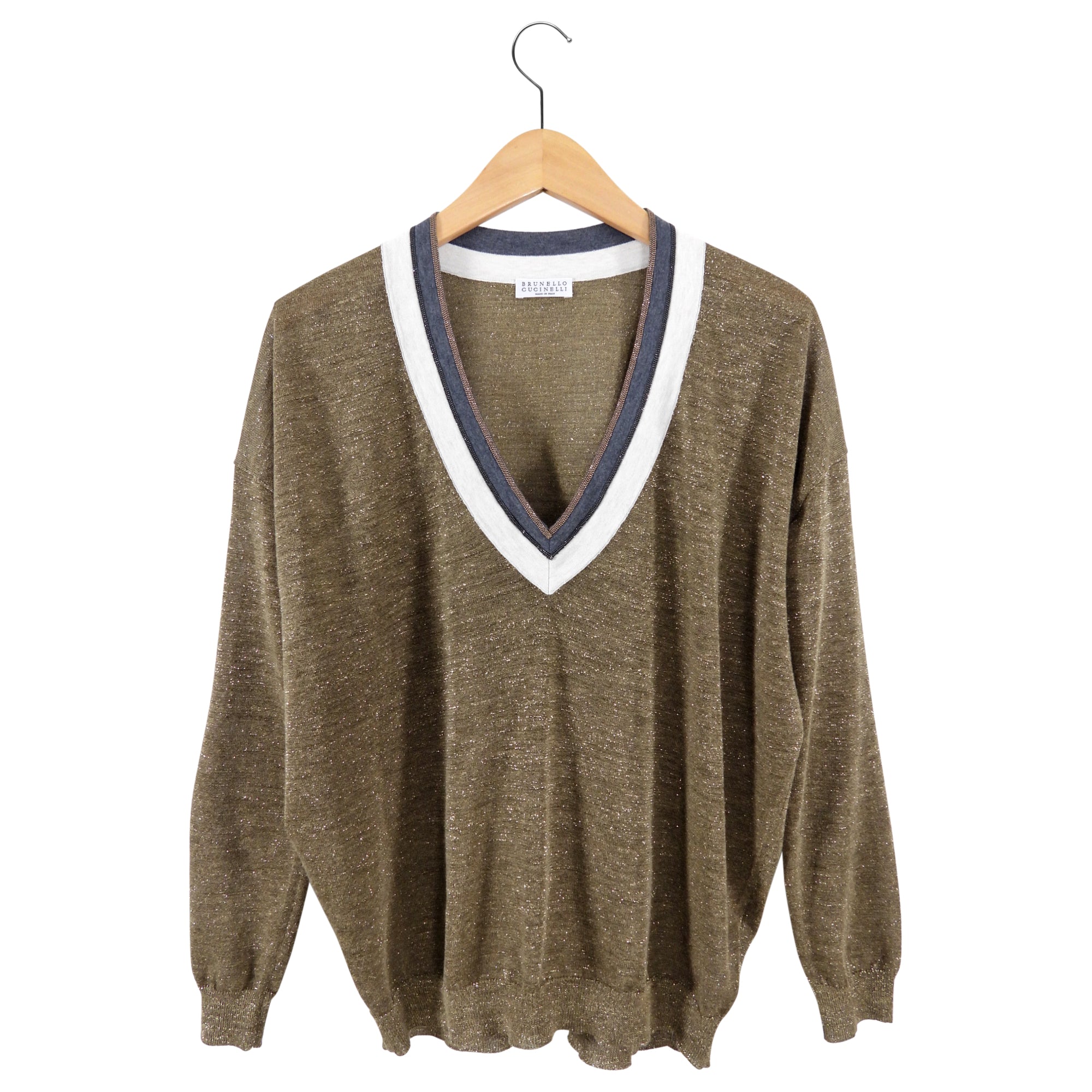 Brunello Cucinelli Gold Shimmer Monili V Neck Sweater for Women - Size M | Luxury Cashmere Knitwear for Elegant Evening Wear & Special Occasions