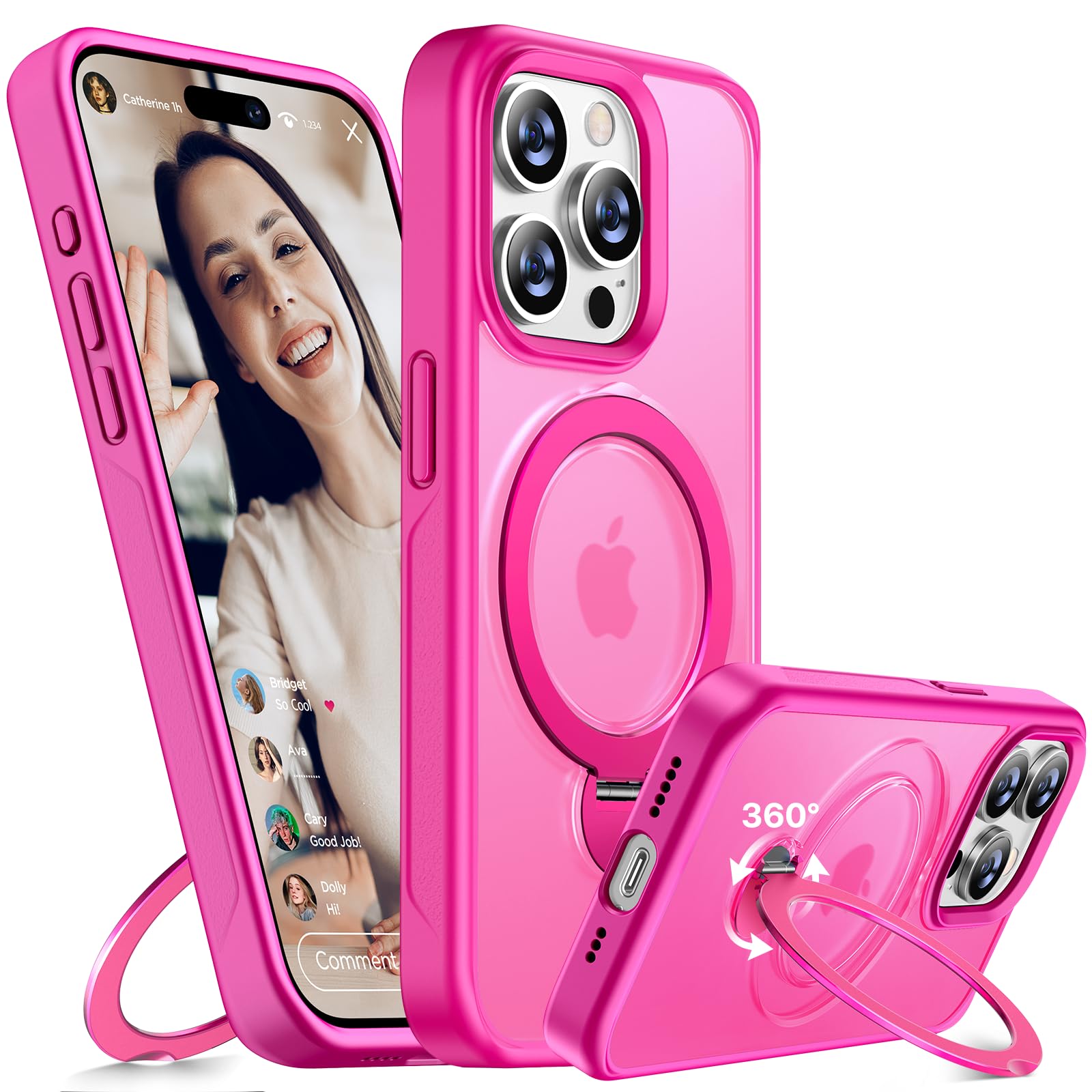 Miracase Magnetic Stand Case for iPhone 15 Pro Max - 360° Rotating MagSafe Compatible, Military-Grade Shockproof Protection, Matte Finish with Ring Holder (Pink) | Perfect for Work, Travel & Everyday Use